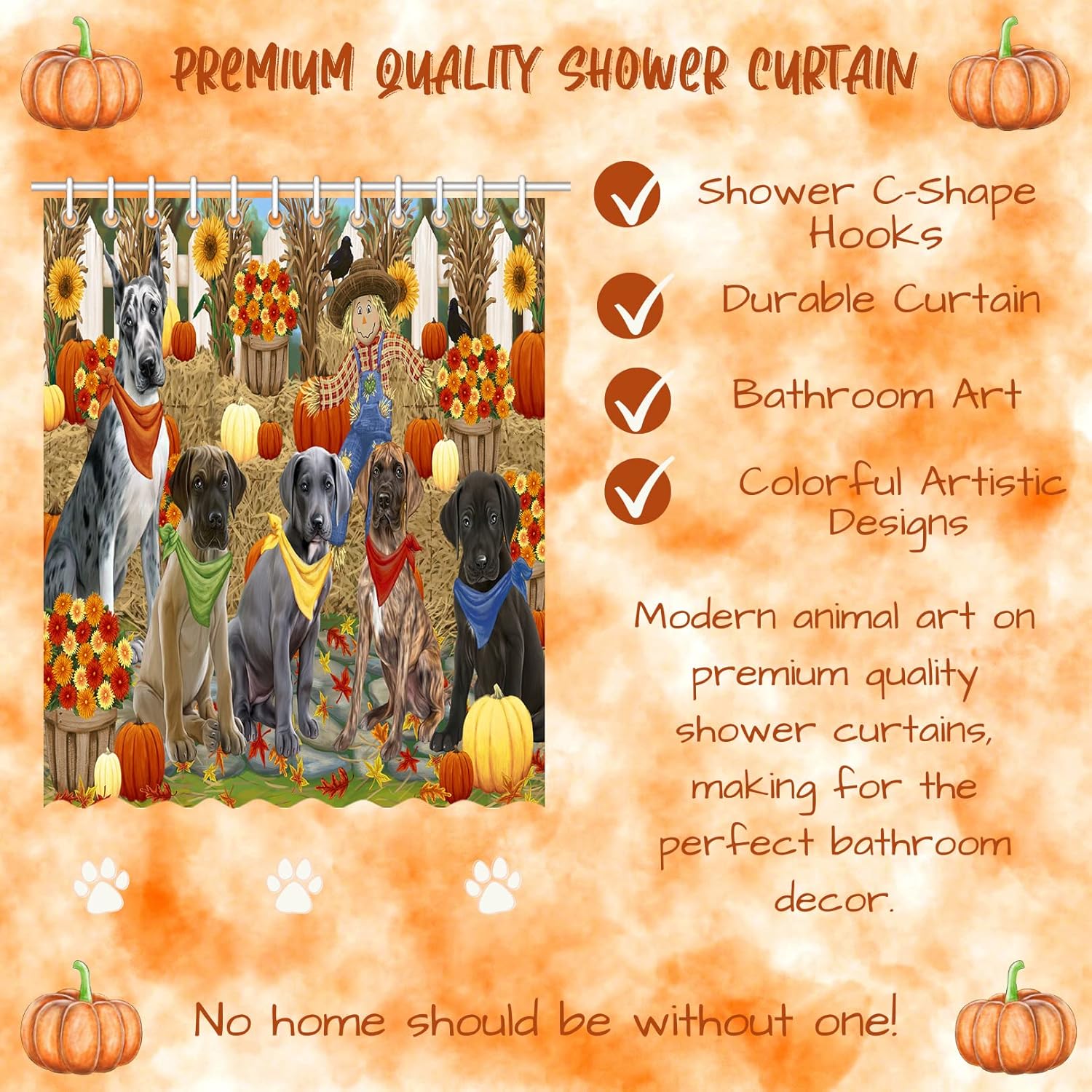 Fall Festive Gathering Great Dane Dogs Shower Curtain - Waterproof Polyester One-Side Printing Pet Bathtub Curtain Decor Curtain for Bathroom with Hooks, (69"x70")