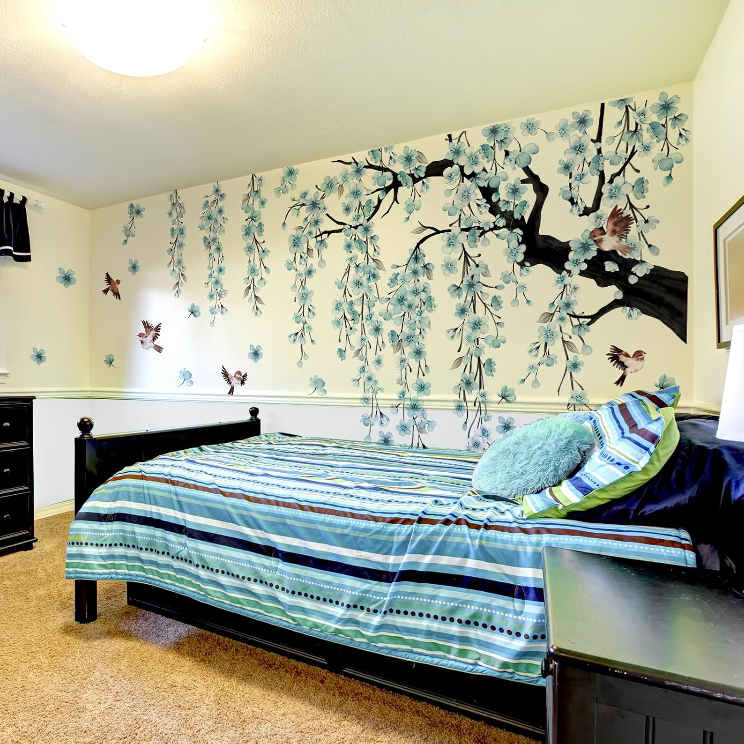 Runtoo Large Cherry Blossom Tree Wall Stickers Peel and Stick Blue Floral Wall Art Decals for Living Room Bedroom Nursery Flower Decor