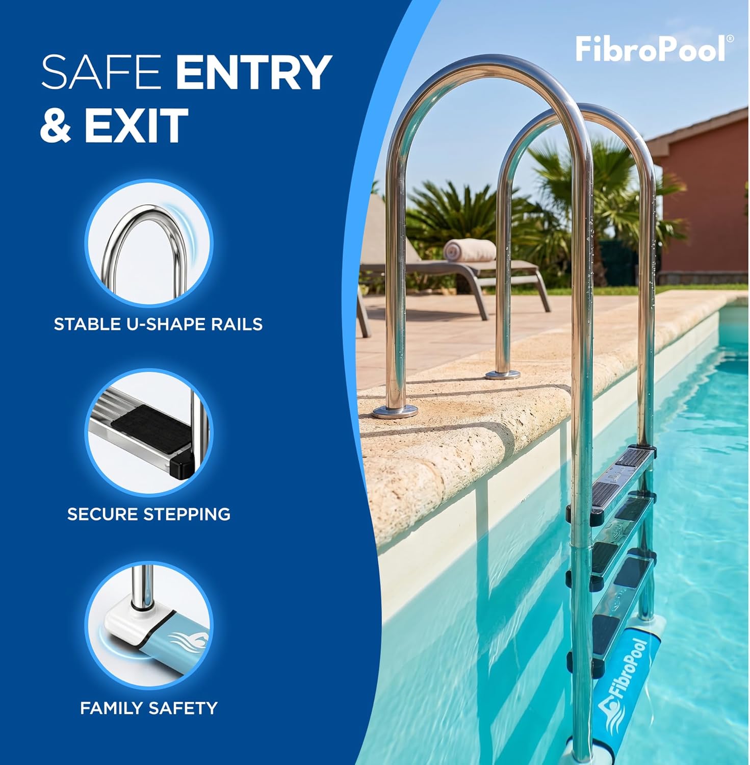 FibroPool U-Shaped Stainless Steel Above Ground Pool Ladder – 4 Step Deck Mounted Ladder, Heavy Duty Rustproof Pool Entry with Non-Slip Step, Easy Install for Pools