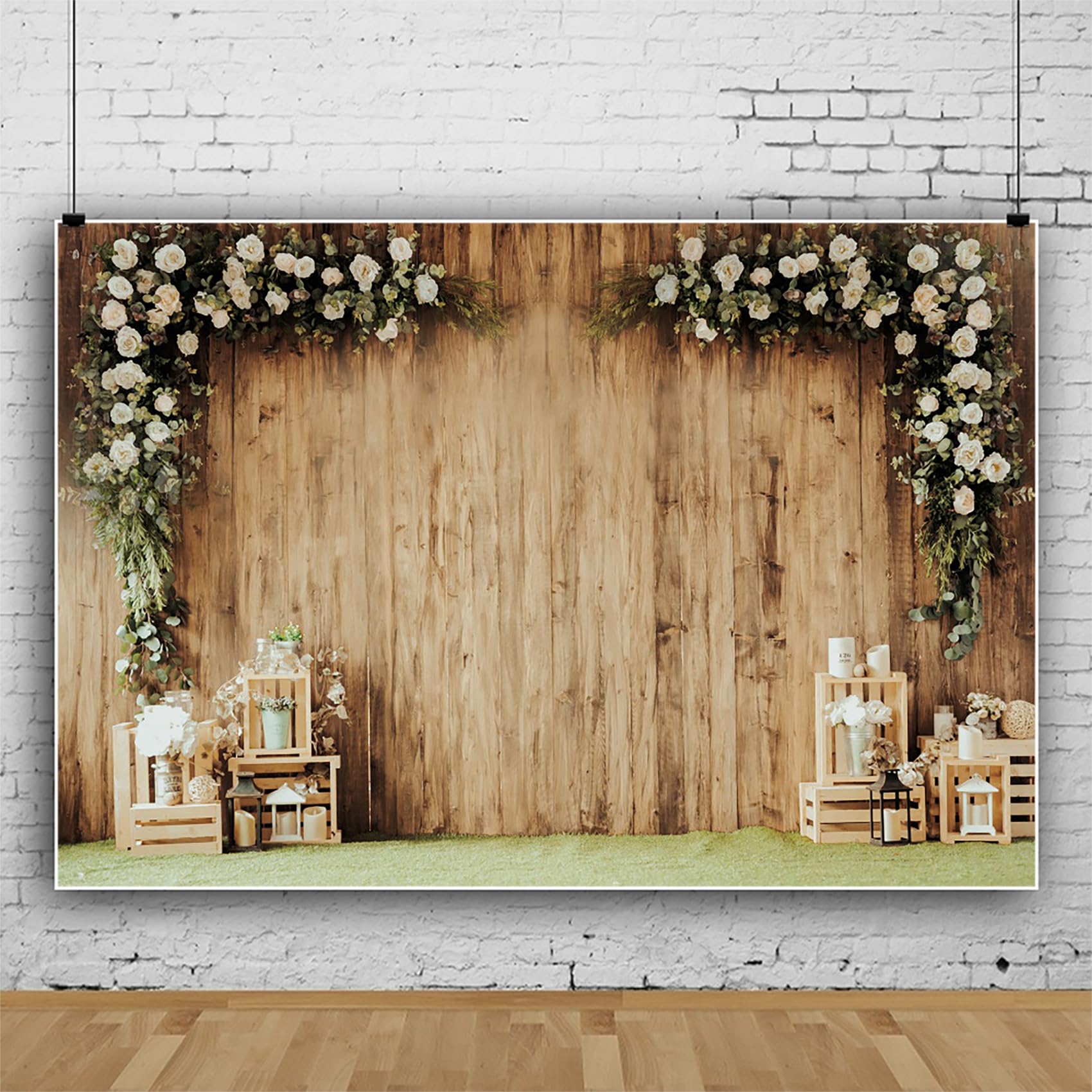 Fond de Mariage 3x2m Bois Rustique Fleur Blanche Jardin Secret Accessoires Studio Photo Portrait Vinyle