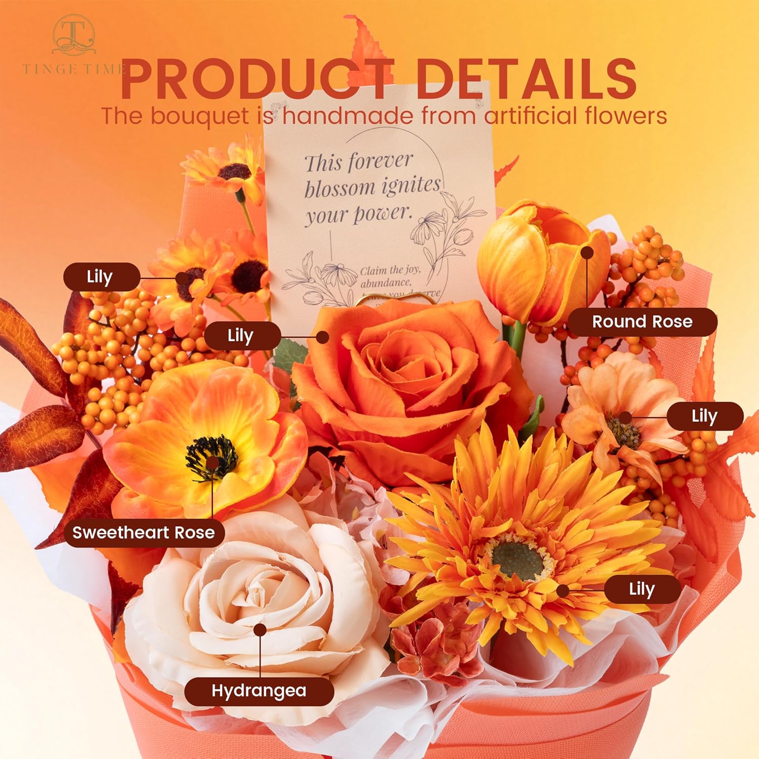 TINGE TIME Preserved Flowers Bouquet, Orange Faux Rose Bouquets, Artificial Flowers Faux Silk Flowers Arrangement for Dining Room Centerpiece Table Decoration Wedding Living Room Bedroom - Image 4