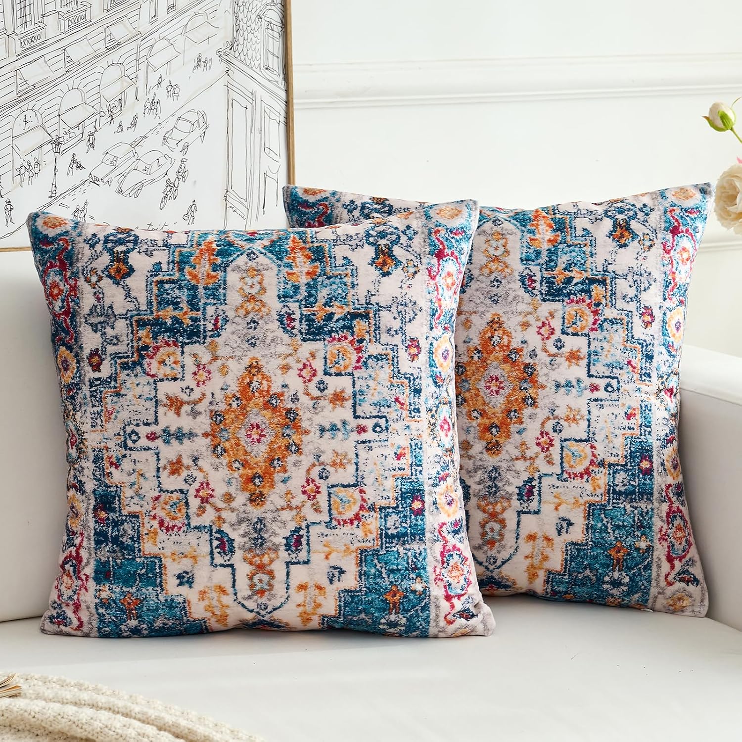 Boho Throw Pillow Covers 16x16 inch Set of 2,Boho Vintage Carpet Pattern Antique Ethnic Decor Double Sided Pattern Cushion Cover Soft Pillow Case Living Sofa Room Bed Square Pillow Cover