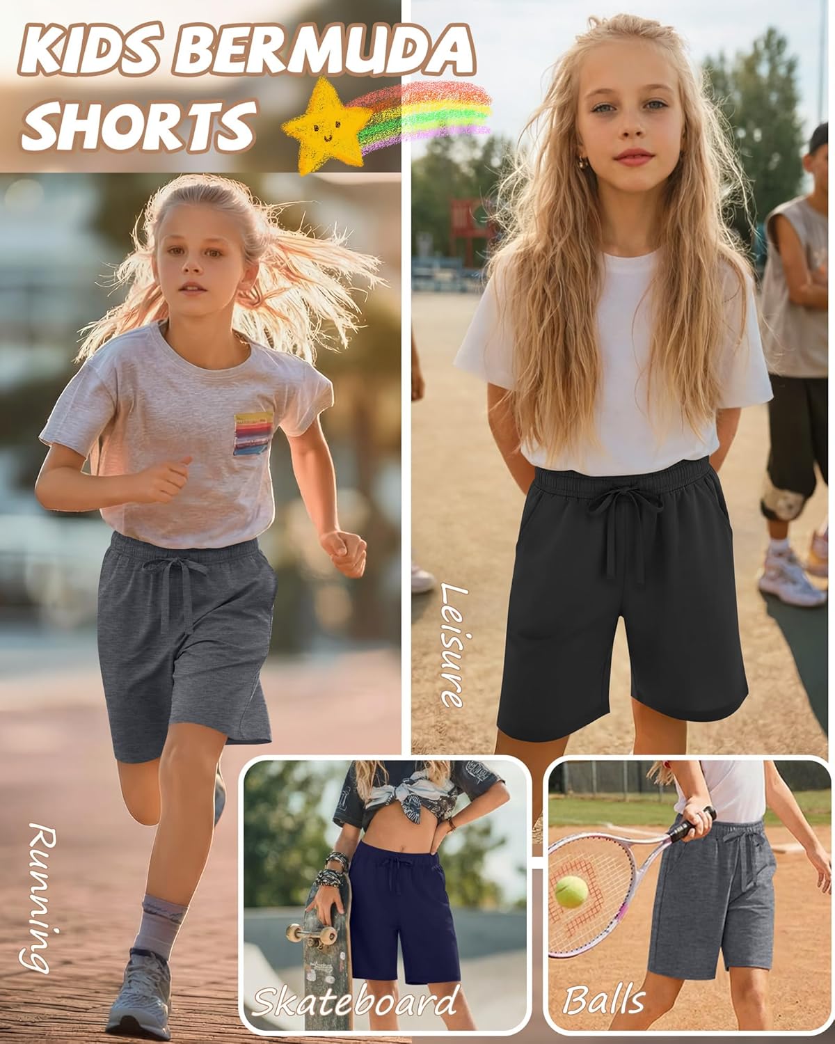 3 Pack Girls Bermuda Shorts Knee Length Straight Leg Drawstring Elastic Kids Lightweight Soft Pants with Pockets - Image 5