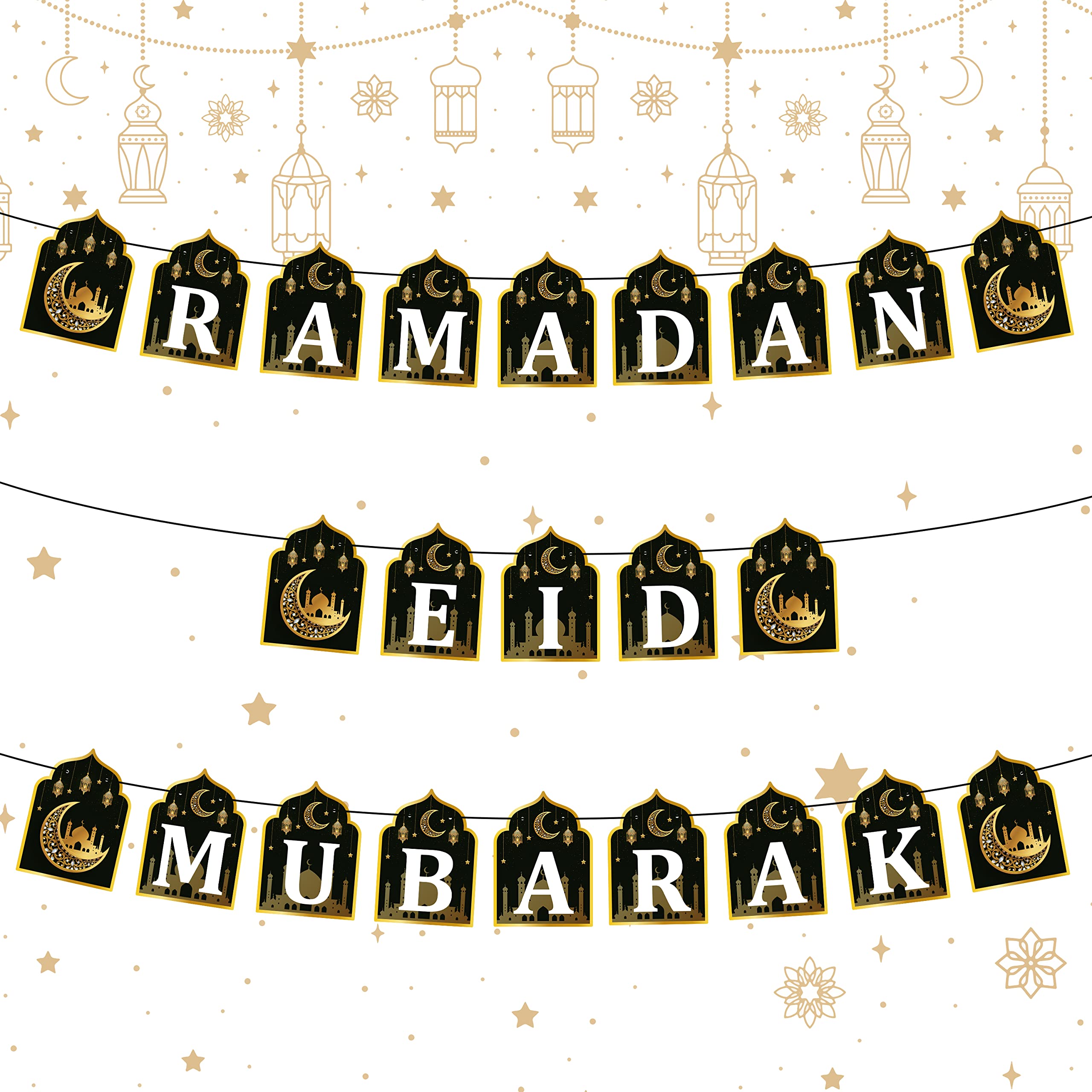 WATINC Ramadan Mubarak Party Decorations Ramadan Mubarak Bunting Banner Prety Hanging Decoration Eid Mubarak Backdrop Banner for Garden Table Wall Muslim Ramadan Party Supplies Decoration