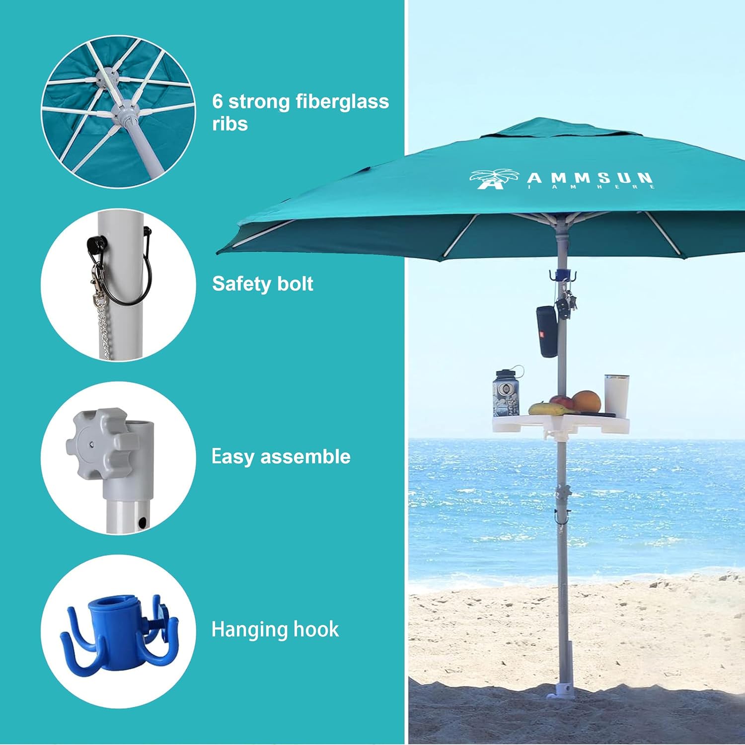 AMMSUN 8ft Large Beach Umbrellas for Sand Heavy Huty Wind Portable Commercial Grade Patio Beach Umbrella with Sand Anchor Adjustable Height Air Vent UPF 50+ Telescoping Pole without tilt Teal