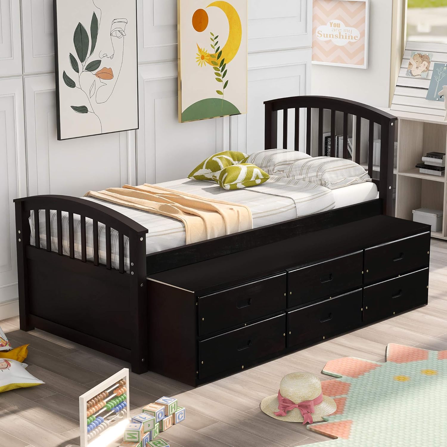 Bellemave Twin Captains' Bed for Kids Teens Adults, Twin Daybed with 3 Storage Drawers, Wood Platform Bed Frame with Headboard and Footboard, Espresso