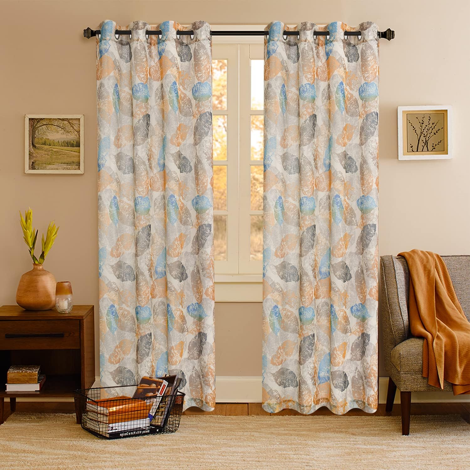 GYROHOME Sheer Voile Curtain,Sunlight Filtering Protect Privacy Polyester Sheer,Voile Drapes with Leaf Printing for Livingroom Bedroom Patio Door, Set of 2Panels, 52x84 inch