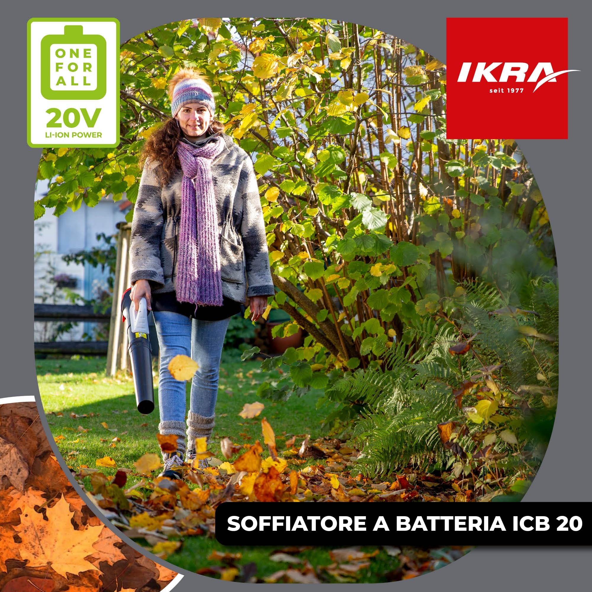 IKRA soffiatore ICB 20, con batteria da 20V 2Ah e caricabatterie, 150 km/h | Il ventilatore assiale rimuove anche le foglie umide, compatto e leggero, compatibile con batterie 20 V di IKRA