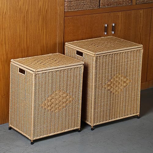 Miniatura 5 de ZJUN - Cesta cuadrada para ropa sucia con 4 patas, cesta de lavandería tejida a mano con tapa, esqueleto de metal, cesta de almacenamiento de ratán