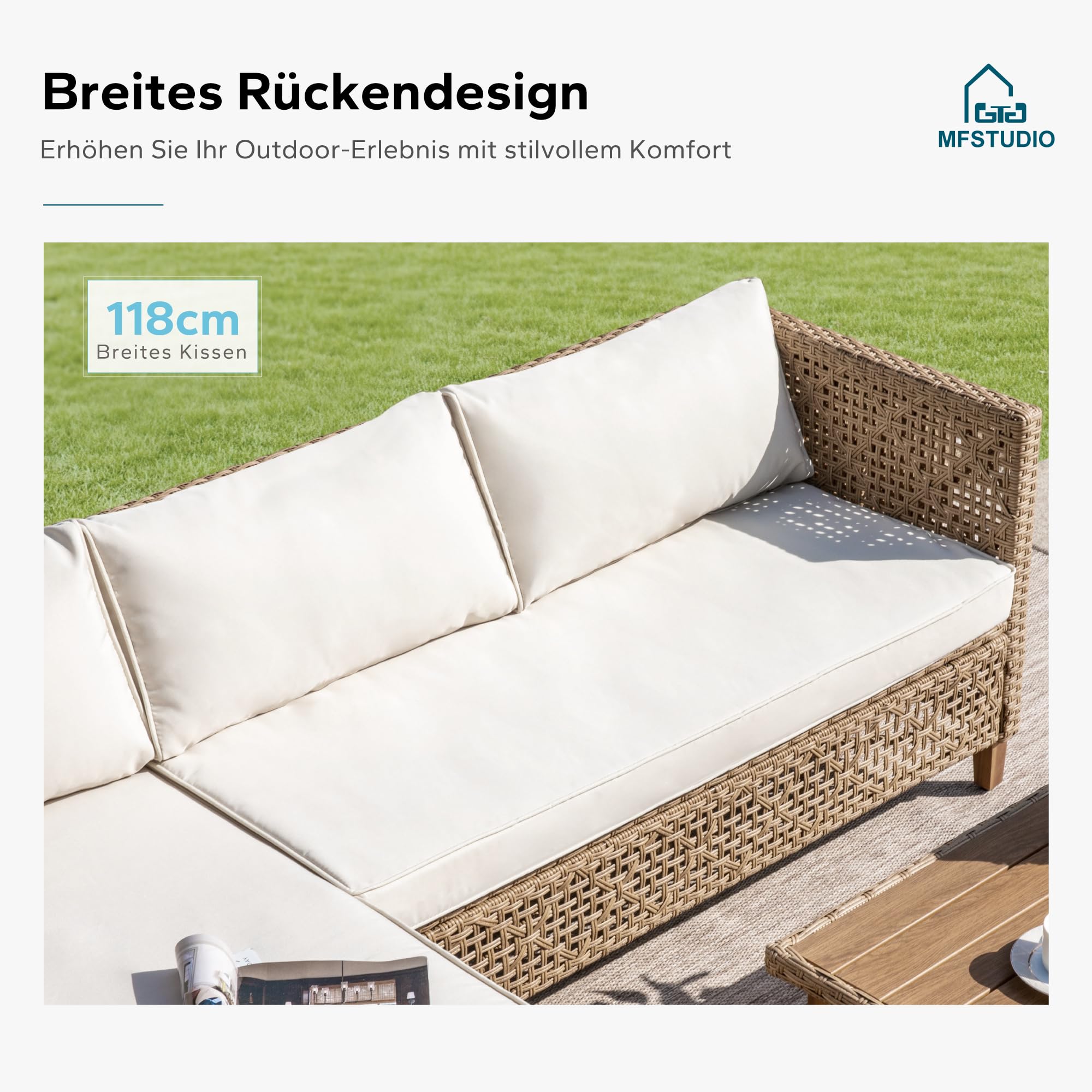 MFSTUDIO 5-teiliges Rattan Gartenmöbel Set mit Outdoor-Couchtisch, Wicker Lounge Corner Sofa Set, Doppel-Couchtisch für zusätzlichen Stauraum, mehrere Querbalken