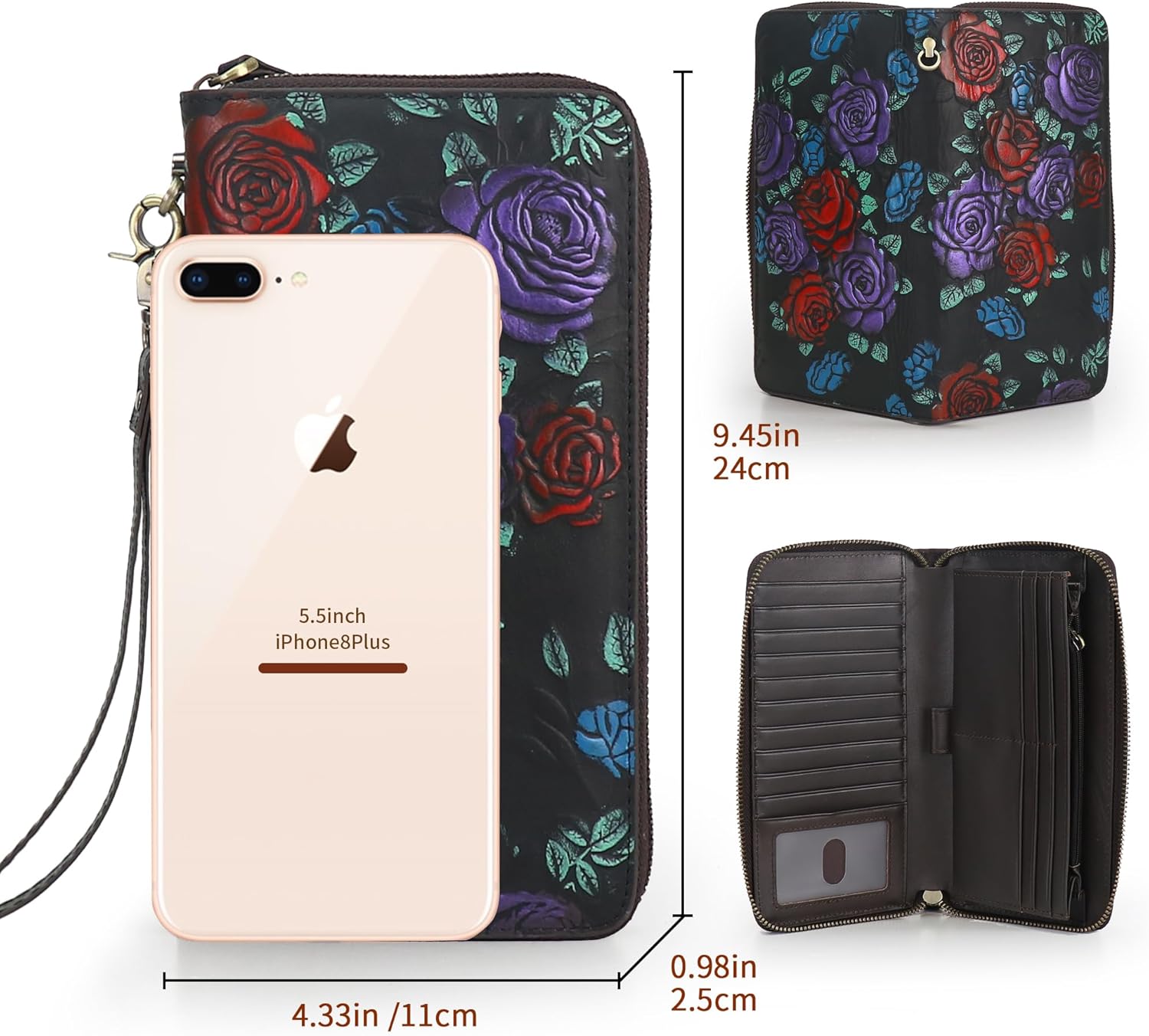 Women’s RFID Blocking Wallet Leather Large Capacity Credit Card Clutch With Hand Strap (Black)