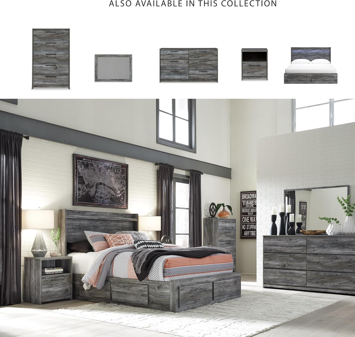 Signature Design by Ashley Baystorm Casual King Panel Platform Bed with 6 Storage Drawers and LED Light, Foundation or Box Spring Not Needed, Gray