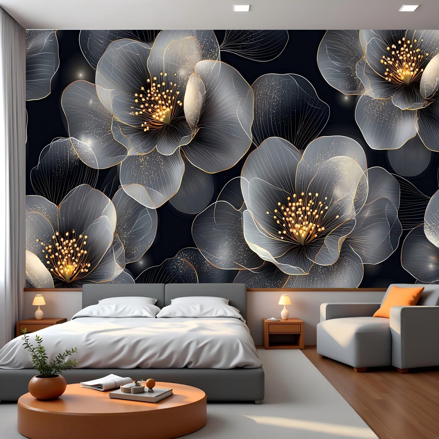 Black White Floral Large Peel and Stick Wall Murals 72"x 118", Removable Wallpaper for Bedroom Living Room