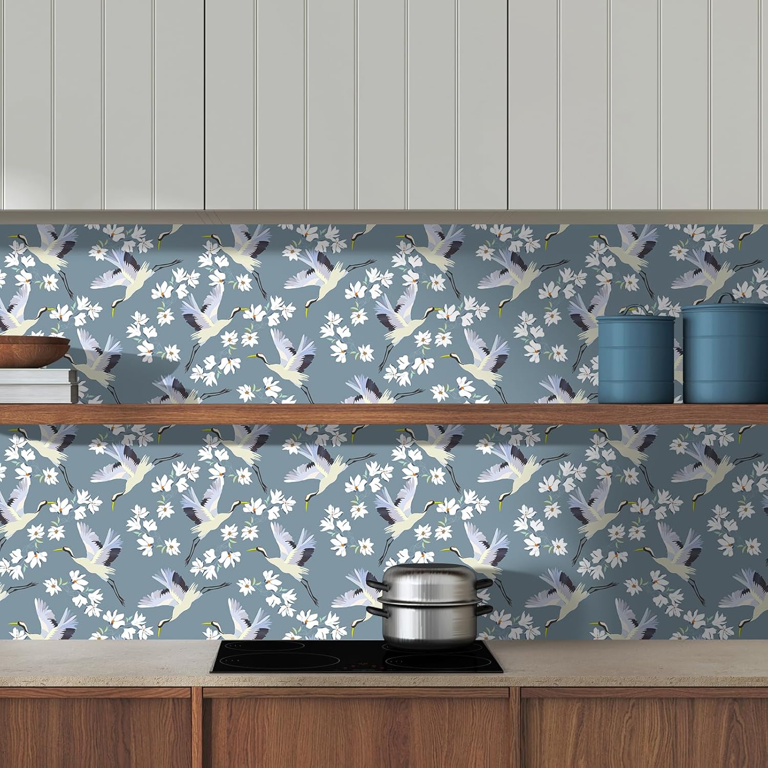VaryStyle 17.7"x118" Classical Crane Wallpaper Blue White Floral Peel and Stick Wallpaper Heron Flying Birds Wallpaper Mural Self Adhesive Removable Contact Paper for Bedroom Bathroom Walls Cabinets