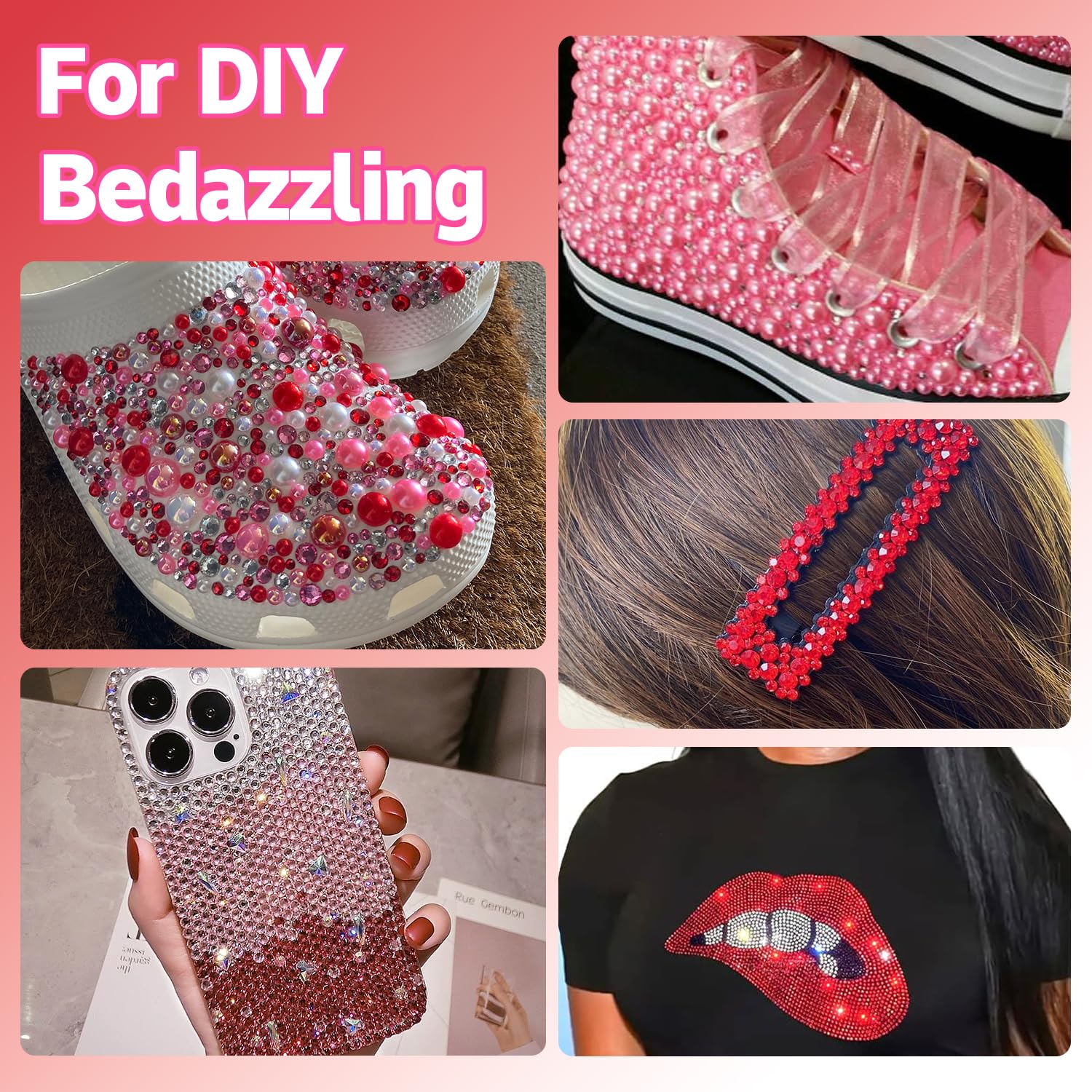 Red Flatback Pearls and Rhinestones, Flatback Pearl Resin Rhinestone for Bedazzling, Red Half Pearl Rhinestones for Crafting Nails Face Eyes Makeup Tumblers Bottles Crafts