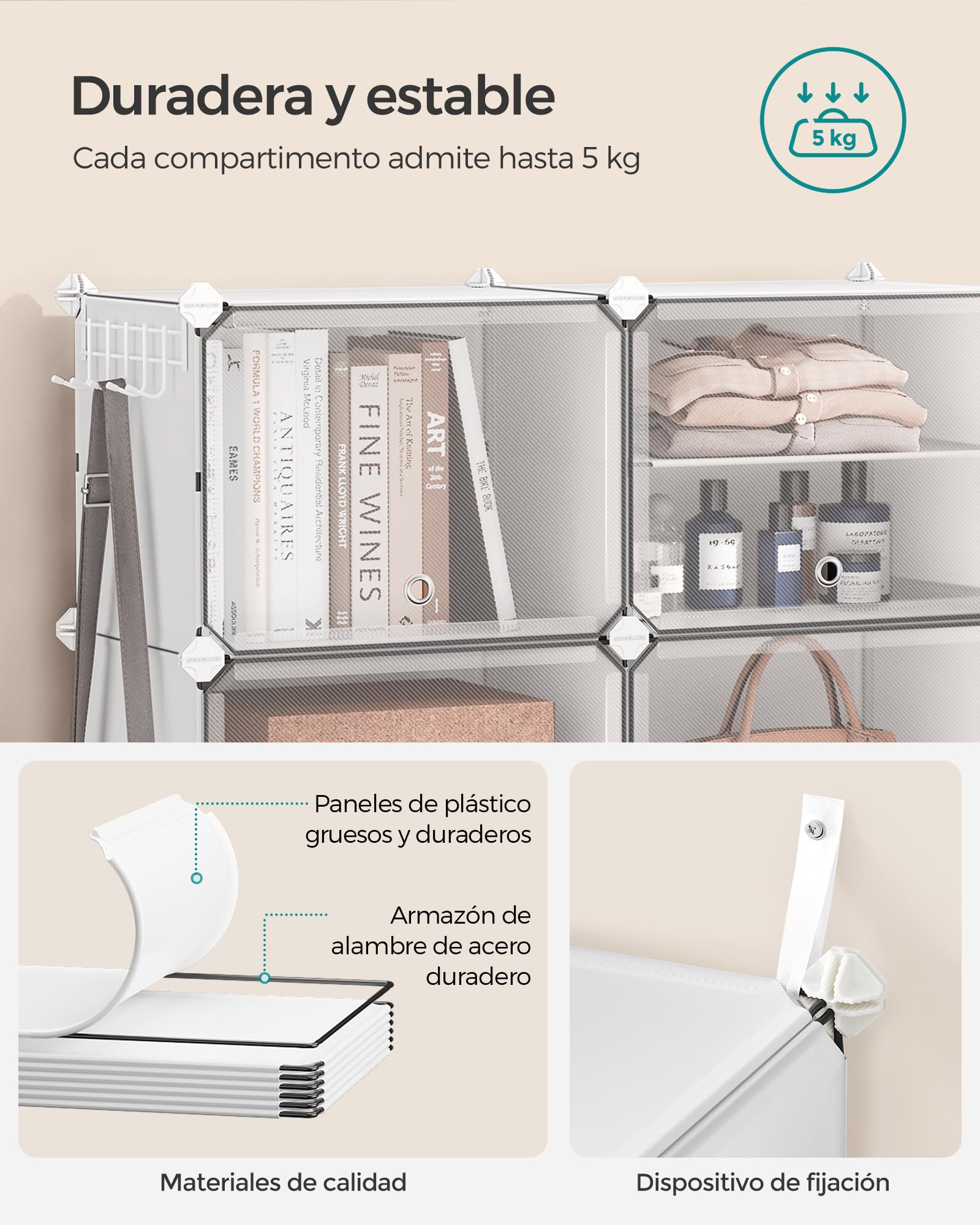 SONGMICS Mueble Zapatero Plástico, 12 Compartimentos para 48 Pares de Zapatos, con Puertas, Estructura de Acero y Estantes de Plástico, Armario para Dormitorio, Blanco Nube y Transparente LPC040W01