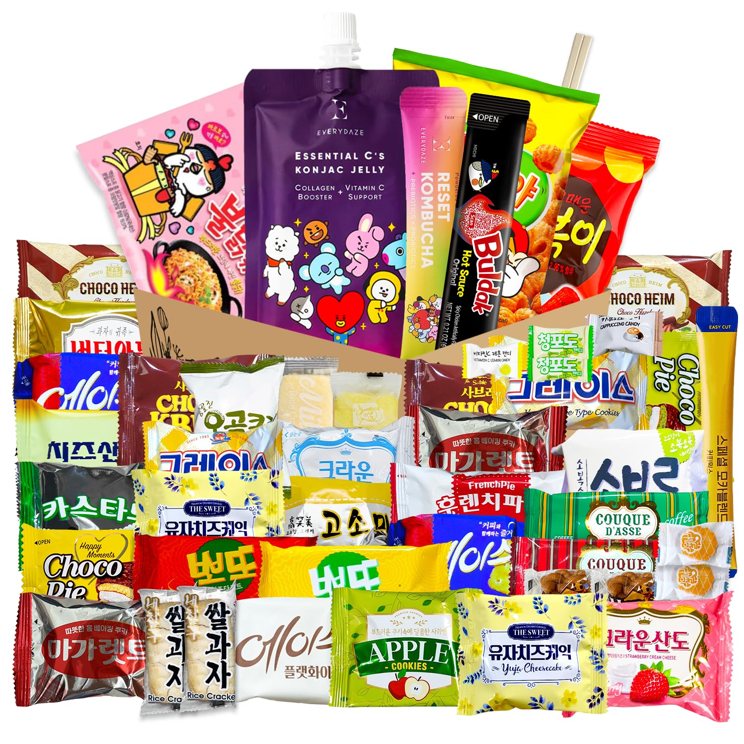 Seconde Nature - 48 count Korean snack box: variety of individually wrapped Korean snacks with chips, cookies, ramen and candy for kids, college students