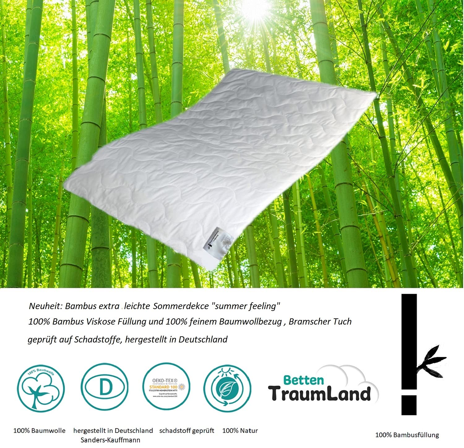 Bach's Betten Welt Neuheit Bambus dnne Sommerdecke extra Leicht Steppbett  Summer Feeling 100% Bambusfllung 100% Leichter Baumwollbezug,  schadstoffgeprft, (155x220 cm) : Amazon.de: Kche, Haushalt & Wohnen