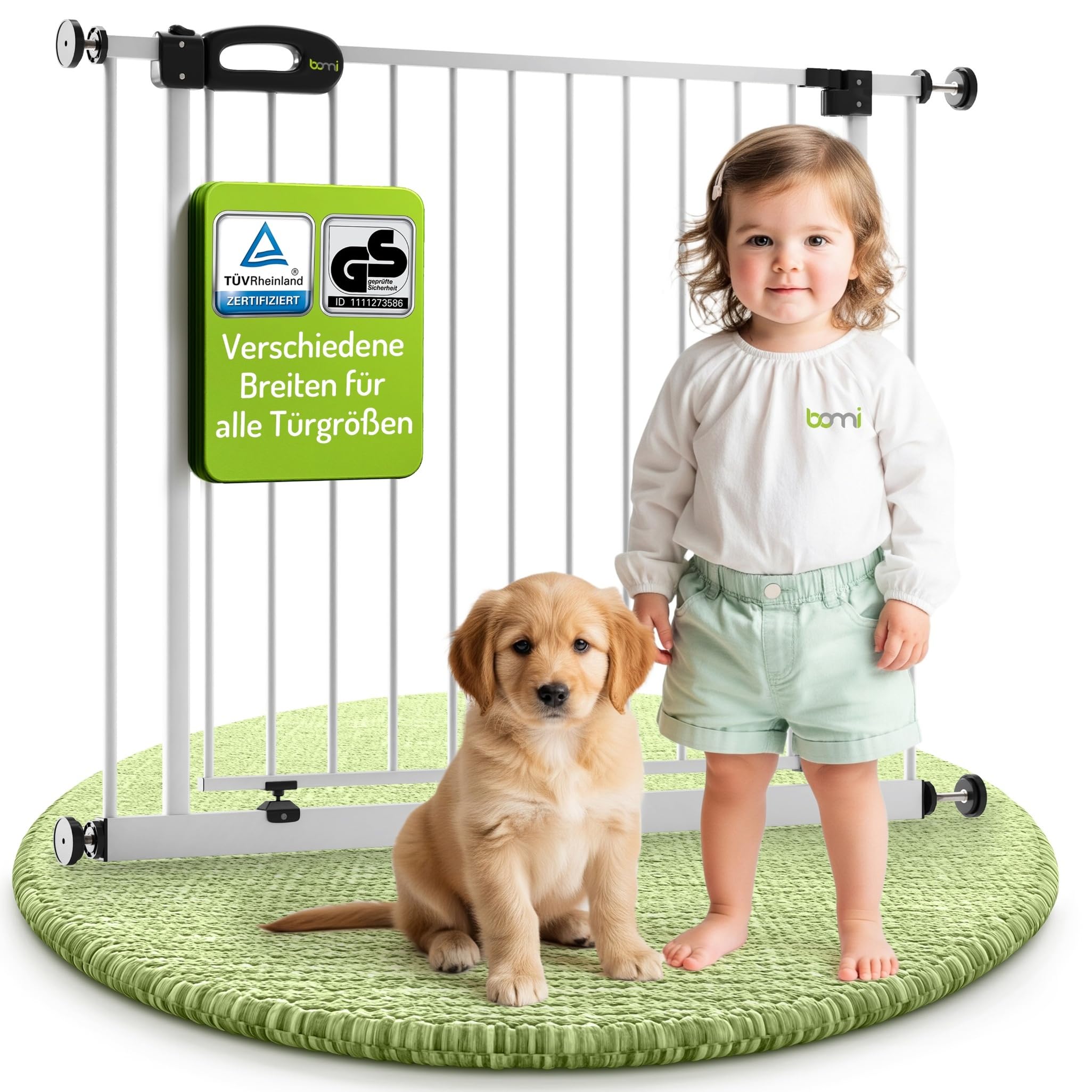 BOMI TÜV GS Siegel Kindertreppen Gitter XXL Merle | Ohne Bohren | Schließt automatisch | Treppenschutzgitter zum Klemmen in Weiß | Kindergitter treppe ohne Bohren aus Metall | Breite: 193-201 cm