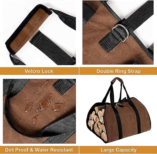 Miniatura 4 de Luckyrao Bolsa de leña para almacenamiento de leña al aire libre, portador de leña, portador de madera para leña, portador de leña con asas (marrón)