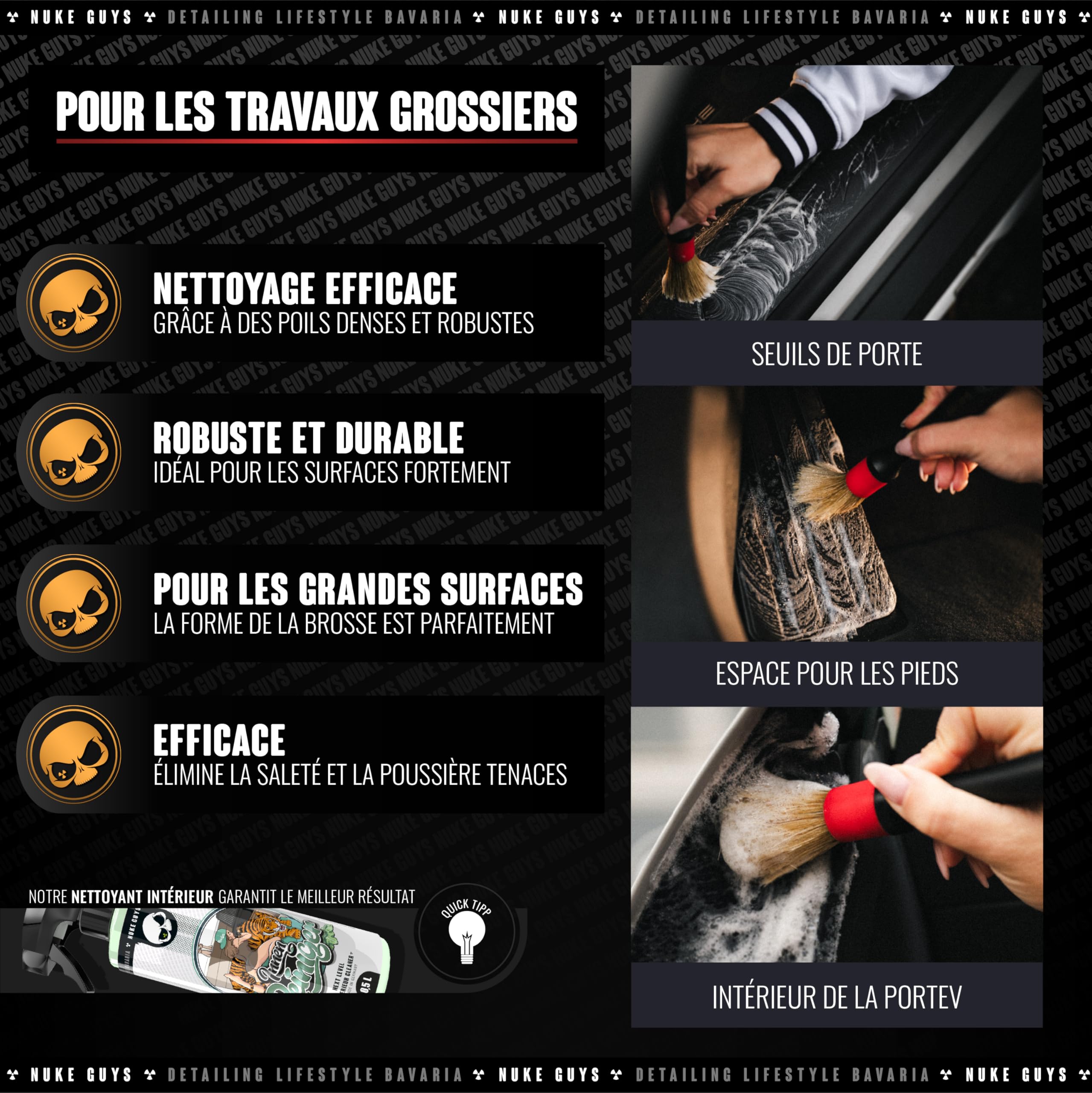 Nuke Guys Kit de nettoyage pour l'intérieur de voiture | Nettoyant pour intérieur 500 ml + gant de nettoyage + 3 brosses de nettoyage + tampon de gommage | Ensemble d'entretien pour l'intérieur de