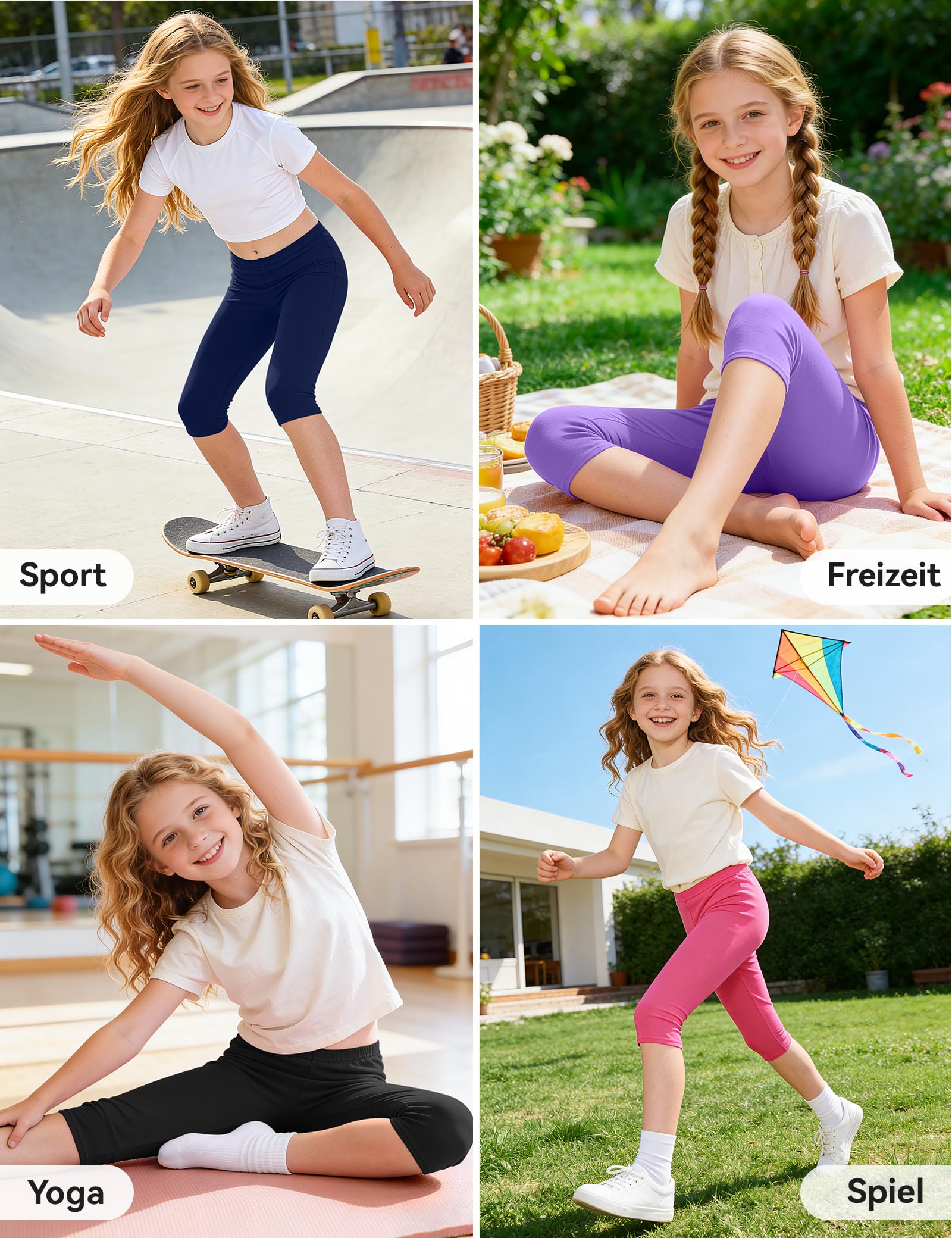 KEREDA Mädchen 3/4 Leggings Kinder Capri Kurze Hose Dreiviertel Baumwolle Caprihosen Shorts für Teenager 3er-Pack