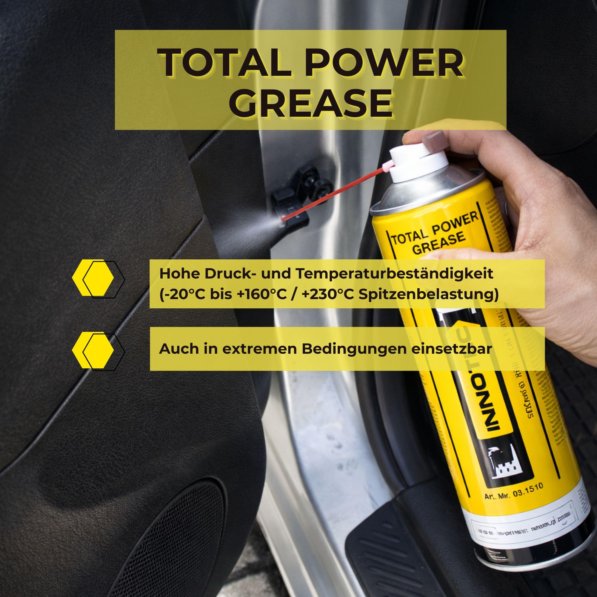 4 Stück INNOTEC Total Power Grease 500 ml – nahezu transparentes, extrem Druck- & temperaturbeständiges Sprühfett, gutes Eindringvermögen, säurefrei, wasserabweisend, zur Schmierung von Metallteilen