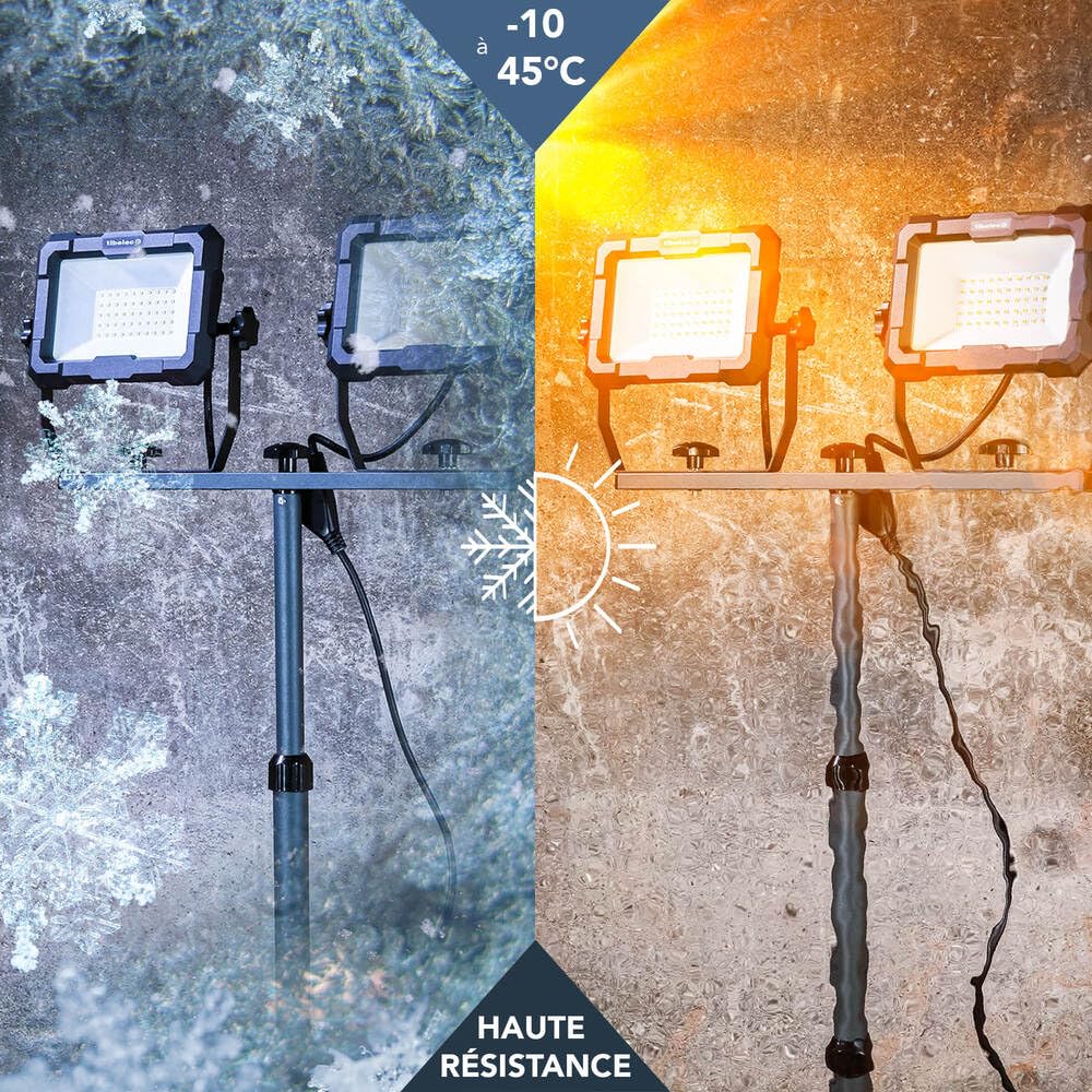 TIBELEC, 347780, Projecteur LED de Chantier, 2 x 50W, 2 x 8200lm, Blanc neutre « lumière du jour », +/- 30 000h, Classe I, Indice de protection : IP65, Orange et noir, 180cm