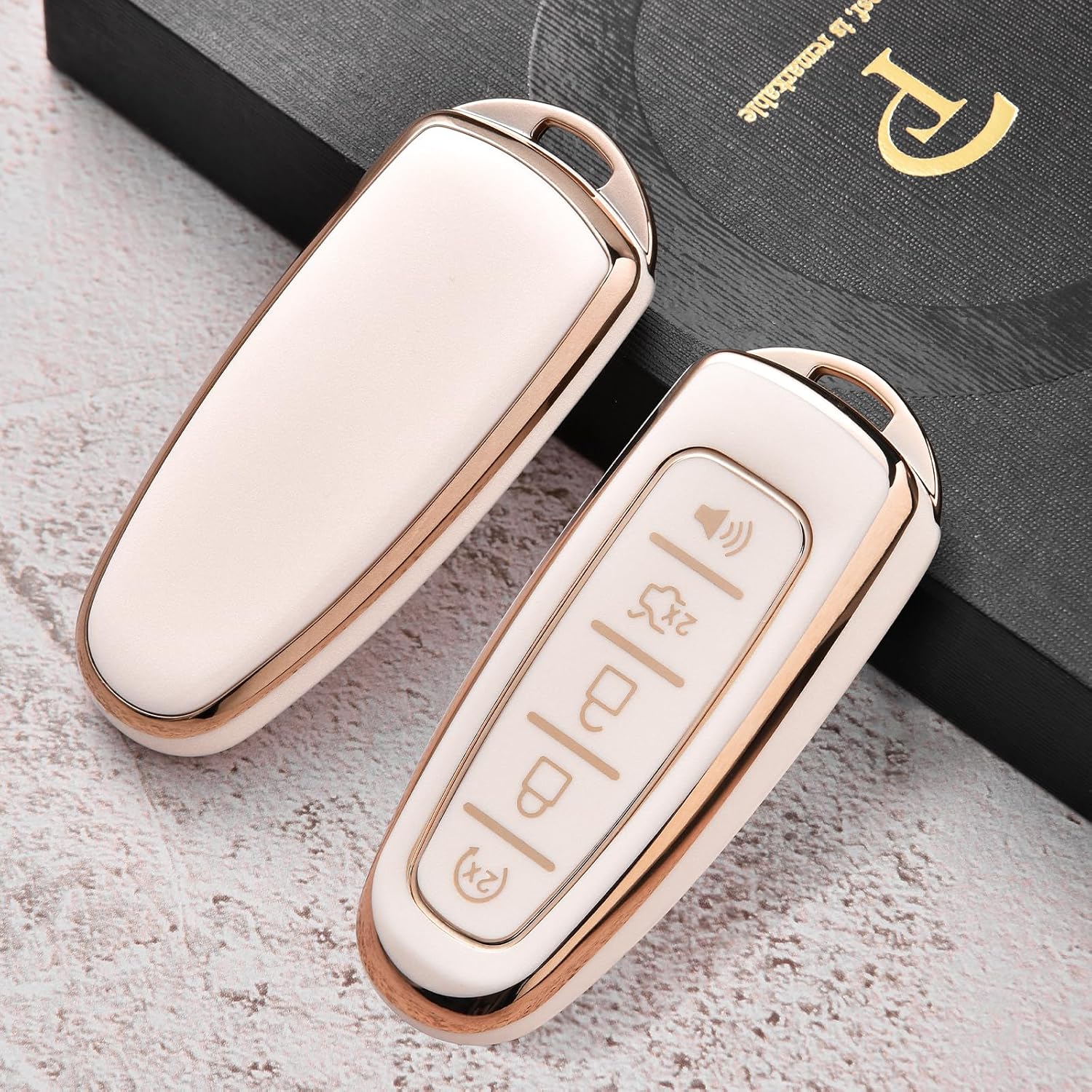 ELOHEI Key Fob Cover for Ford C-Max Edge Escape Expedition Explorer Flex Focus Taurus Lincoln MKS MKT MKX Premium Soft TPU 360 Degree Full Protection Key Case (Gold Edge White) image 3