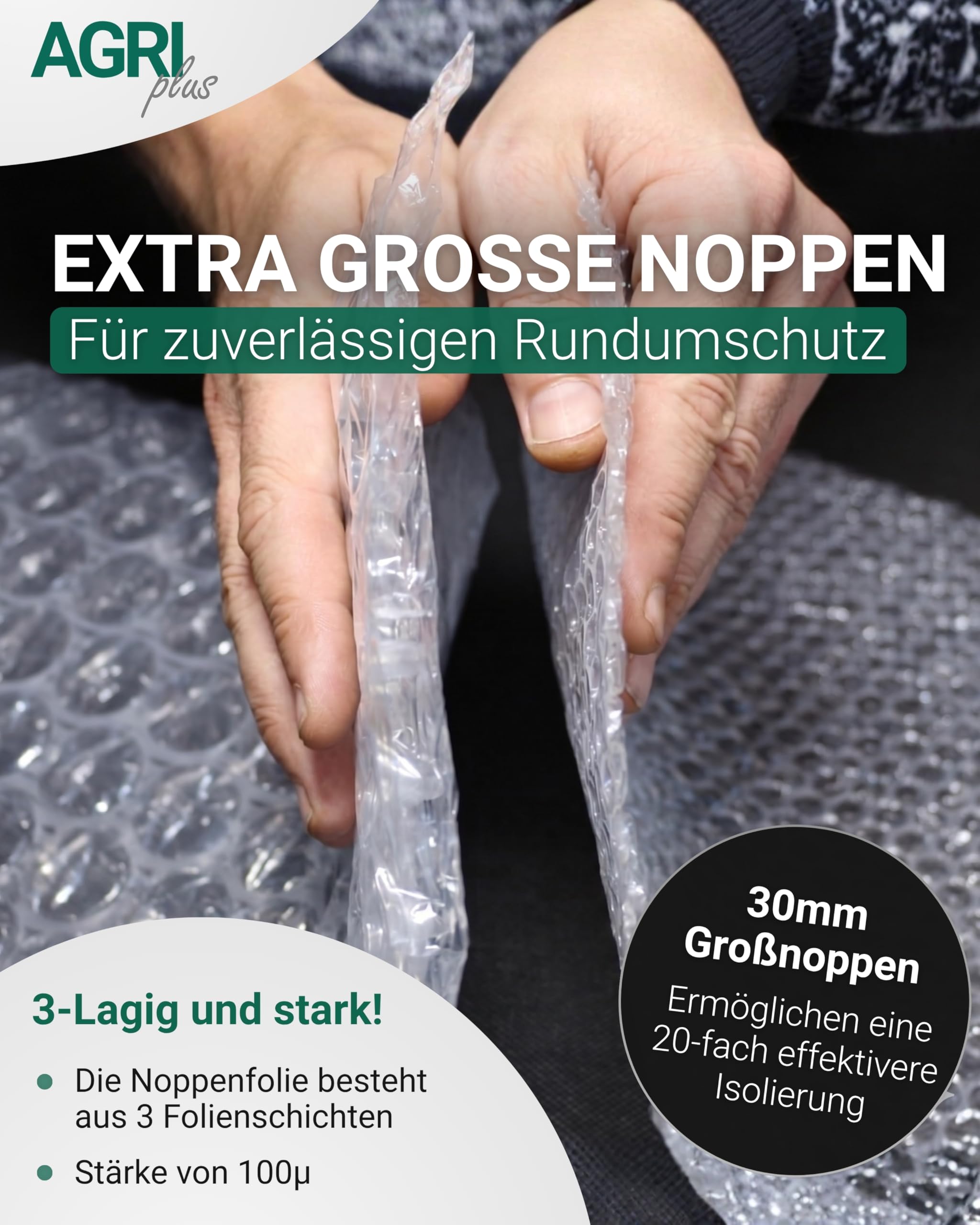 AGRIplus Luftpolsterfolie I 2 x 50 m I Stoßdämpfende, reißfeste & flexible Verpackungsfolie I 30 mm Noppen I 150 my Schutzfolie für Versand, Umzug, Lagerung & empfindliche Gegenstände
