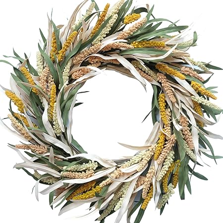 CIR OASES 24" Fall Wreath, Grain Harvest Gold Wheat Wreath with Leaves, Autumn Wreath for Front Door Outside Indoor Wall Window Harvest Thanksgiving & Fall Decor (24 inch Fall Wreath)