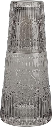 elle decor Juego de jarra de agua de cabecera con vaso, jarra de diseño vintage y vaso a juego que se dobla como tapa, jarra de 33 onzas para Gris