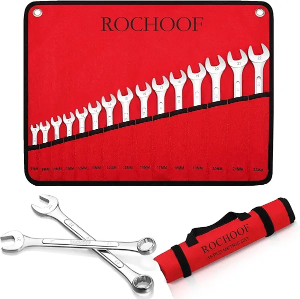 ROCHOOF Metric Combination Wrench Set,15-Piece 8-22mm Combination Wrenches 12-Point Chrome Vanadium Steel Wrench Set with Rolling Pouch