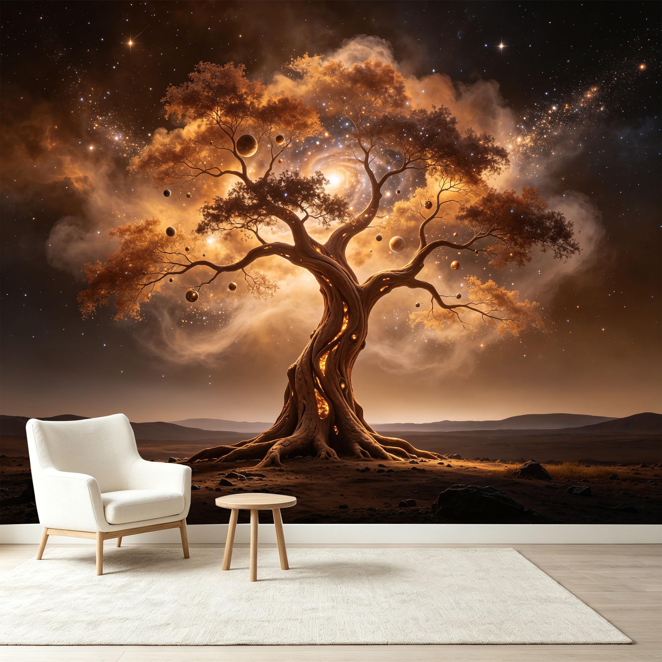 Custom Size Wall Murals Cosmic Ancient Tree Nebula Energy Giant Tree Self-Adhesive Wall Fabric Removable Wallpaper Wall Decor for Living Room Bedroom Bathroom