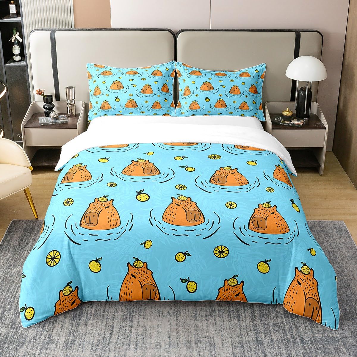 Capybara 100& Baumwolle Bettbezug 135x200,Kinder Capybara Tiere Liebhaber Tröster Bezug für Jungen,Frucht Quilt Cover,Natürliches Thema Blau Braun Bettwäsche Set Atmungsaktive Zimmer Dekor