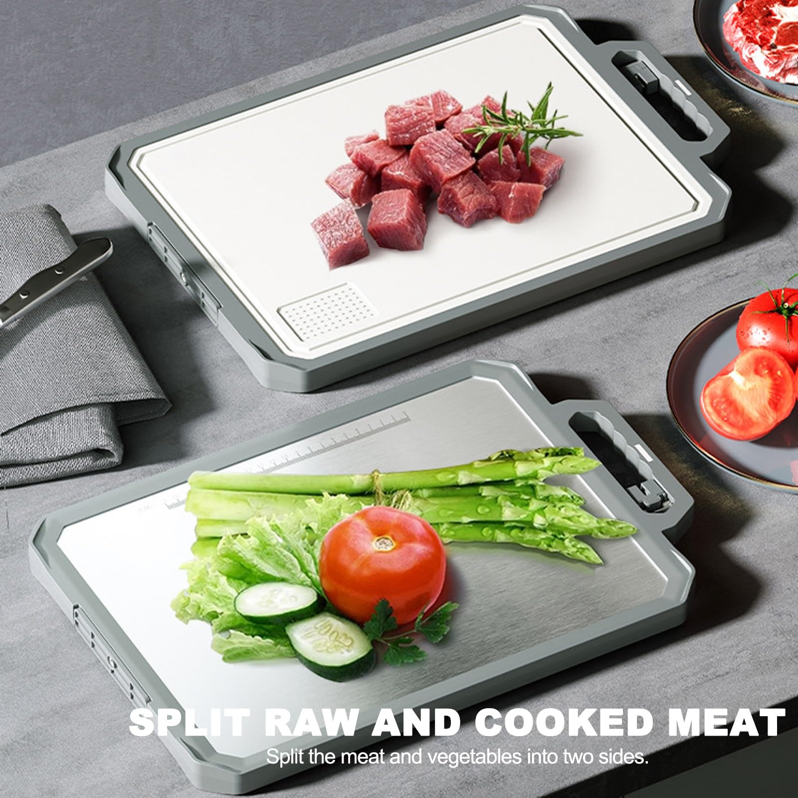 Taglieri in Acciaio Inox, taglieri in Piedi e appesi for la Cucina, Tagliere Antiscivolo Multifunzionale, bifacciale, Pietra affilatrice Ribaltabile con Scala Graduata Facile da Pulire