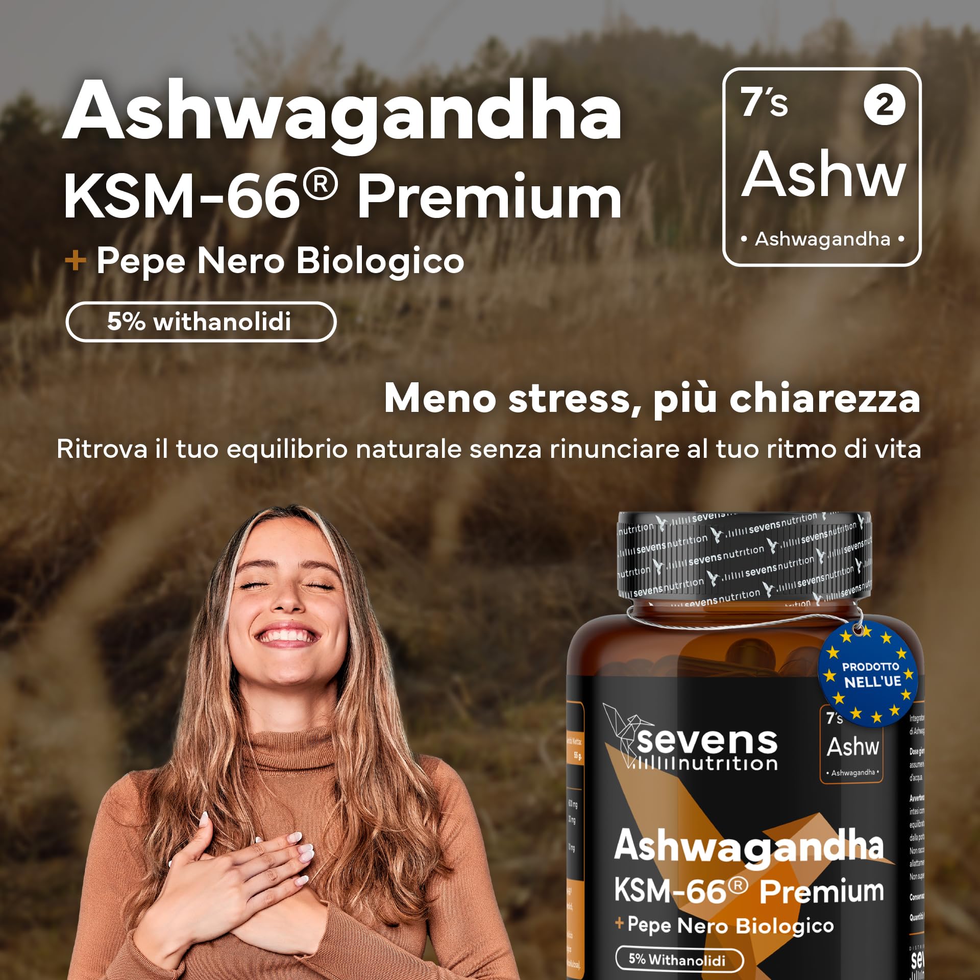Ashwagandha KSM-66® Pura – Alta Biodisponibilità – Con Pepe Nero – 5% Withanolidi – Supporto per il Benessere, Energia e Funzione Psicologica – 120 Capsule Vegane