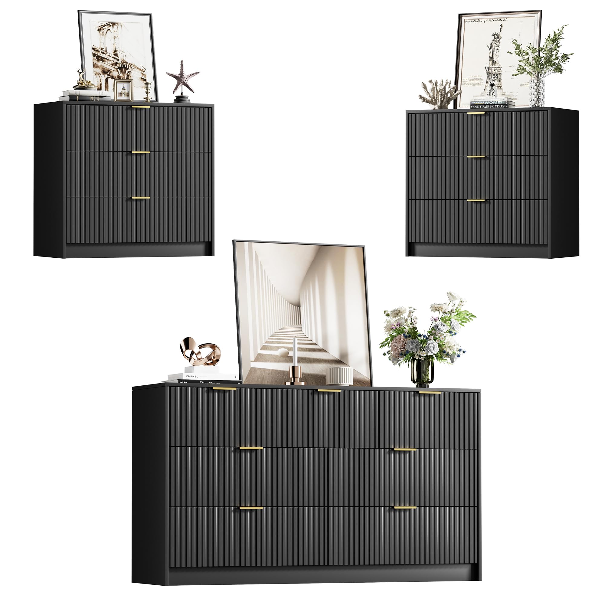 3 Piece Modern Bedroom Set, 7 Drawer Dresser with 2 Nightstands, Black