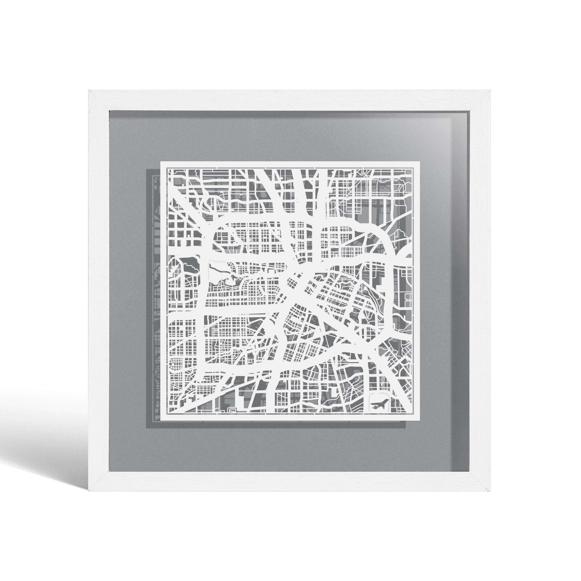 O3 DESIGN STUDIO Houston Paper Cut Map framed, White map, White frame, 9x9 inches, Gift Boxed, 4 background color, self-changing, Paper Art