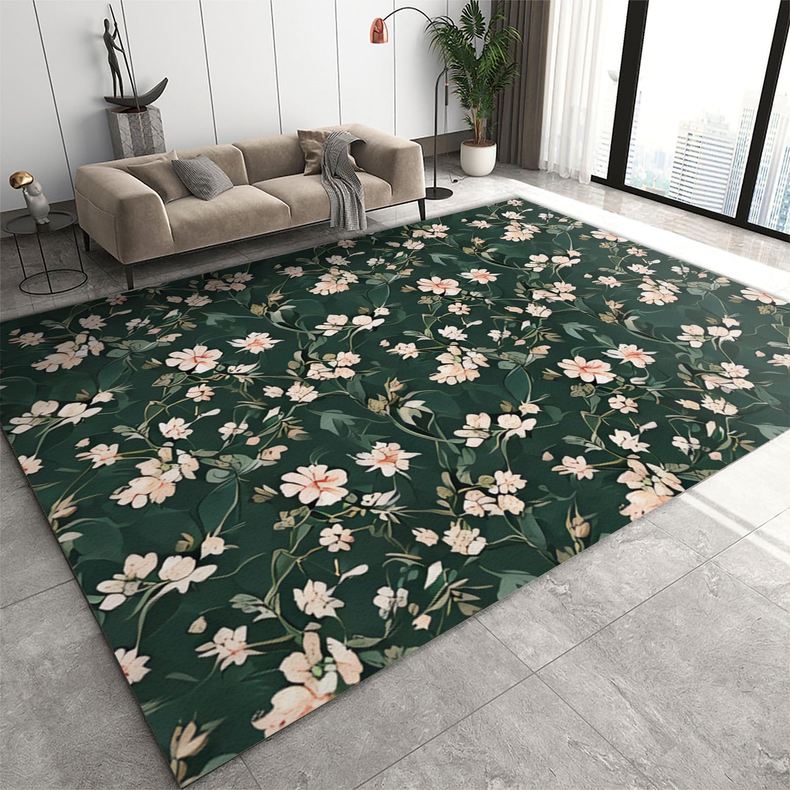Cute Flowers Green Leaves Plants Area Rugs, Retro Fashion Washable Rug, Indoor Outdoor Carpet Machine Washable Non Slip for Bedroom Living Room Playroom Entryway College Dorm Deck Patio-60 x 90 cm