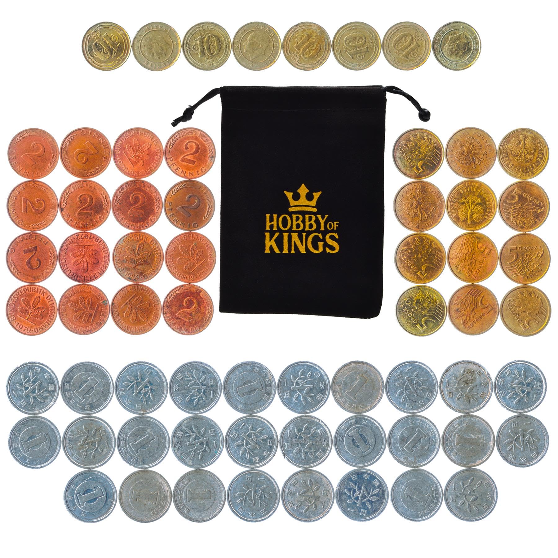 Points Coin Collection - 200 Points Total - 1, 2, 5, 10 Denominations - Themed Tokens from JP, PL, DE, TR - Retro Game Value System
