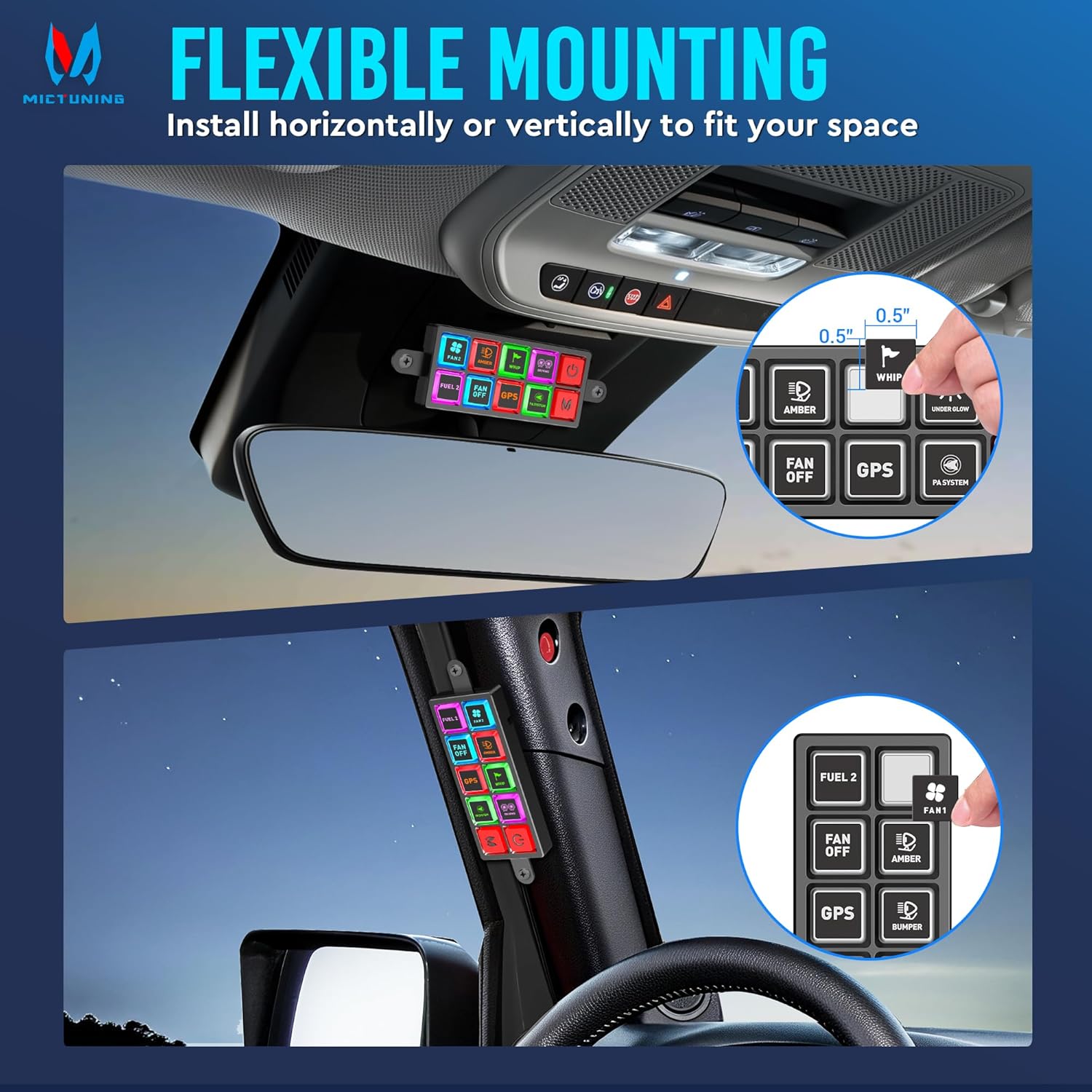 MICTUNING P4+ Neon 8 Gang Switch Panel - Cool Backlight Silicone Buttons, Toggle Momentary Flash Strobe On-Off Touch Pod, Circuit Control Relay System Box for Truck RV UTV Boat（2 Years Warranty）