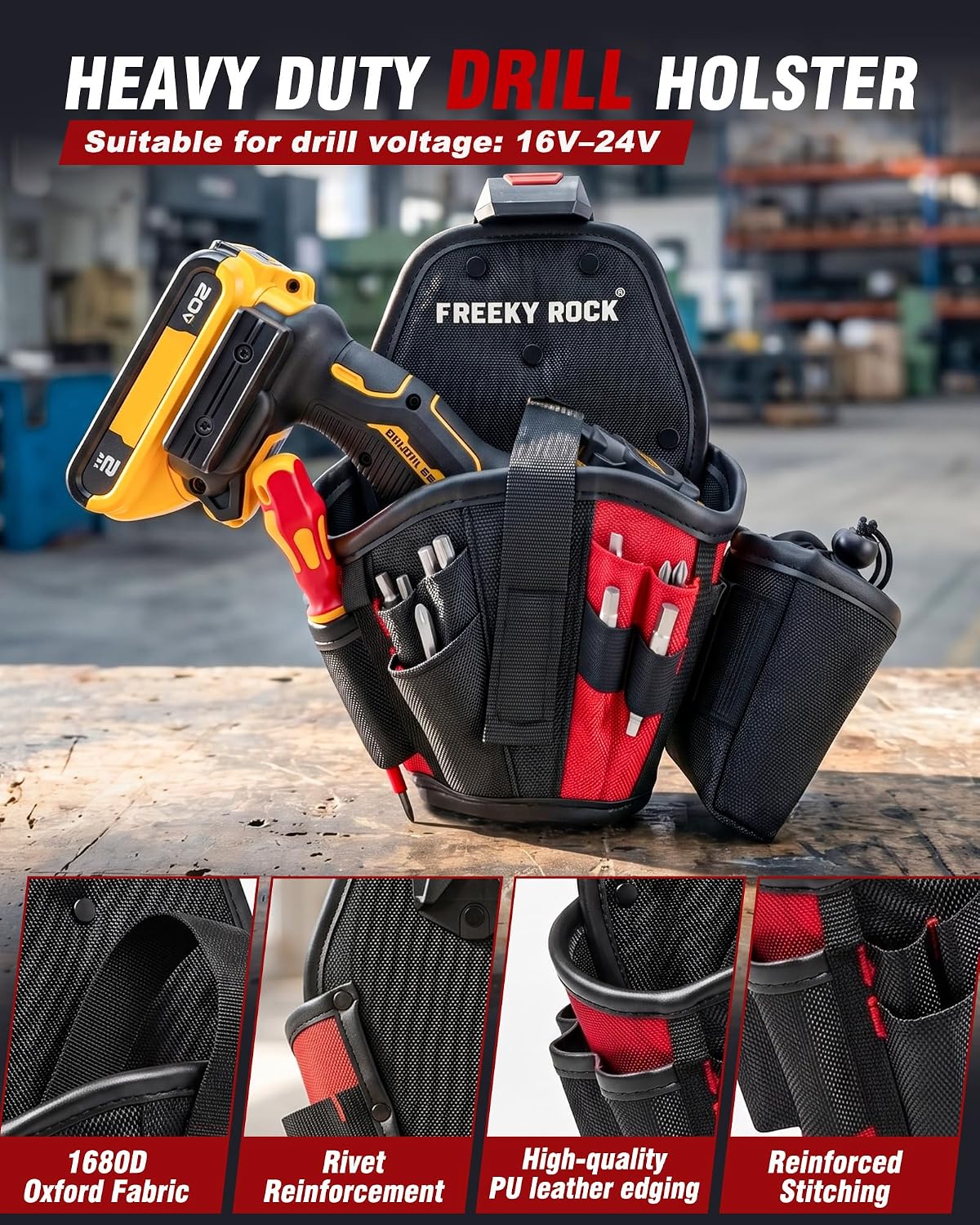 Drill Holster for Tool Belt, Impact Drill Pouch with Belt Clip | Adjustable Size Quick Release Belt, Large Drill Pouch, Heavy Duty 1680D Durable Tool Holster, for Construction, Electrician