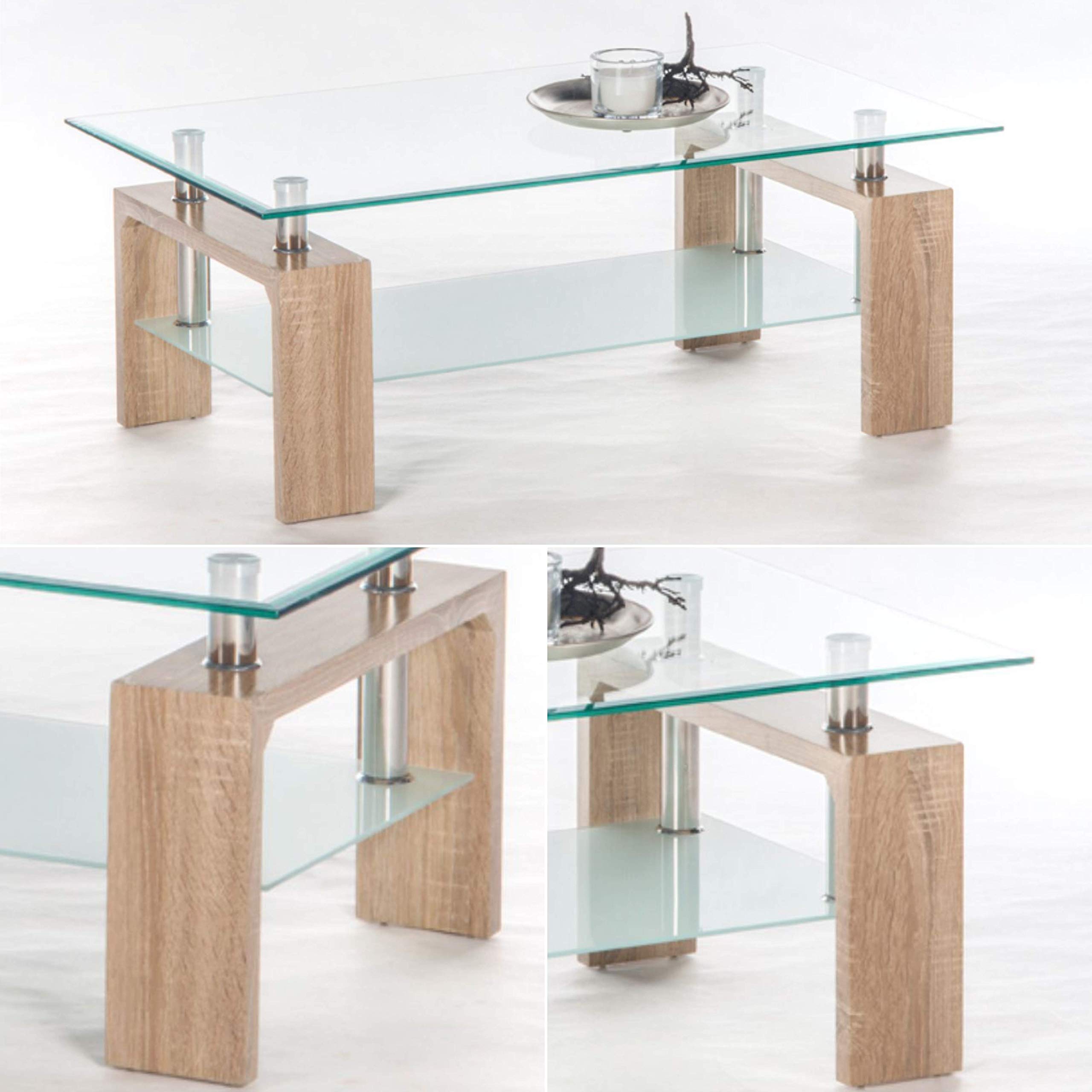 MANGO II Couchtisch Glastisch, Eiche Sonoma Optik, 100 x 46 x 60 cm (B/H/T) | Klarglas-Tischplatte, satinierter Glasablageboden, Gestell in Eiche Sonoma Optik, Edelstahl-Rohre, Stauraum für Wohnzimmer