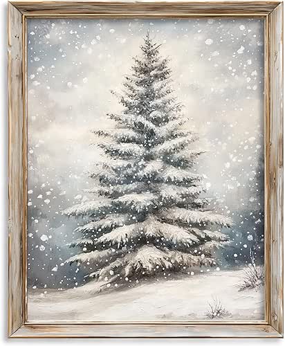 Vintage Snow-Covered Christmas Tree Print, Rustic Winter Holiday Wall Art,