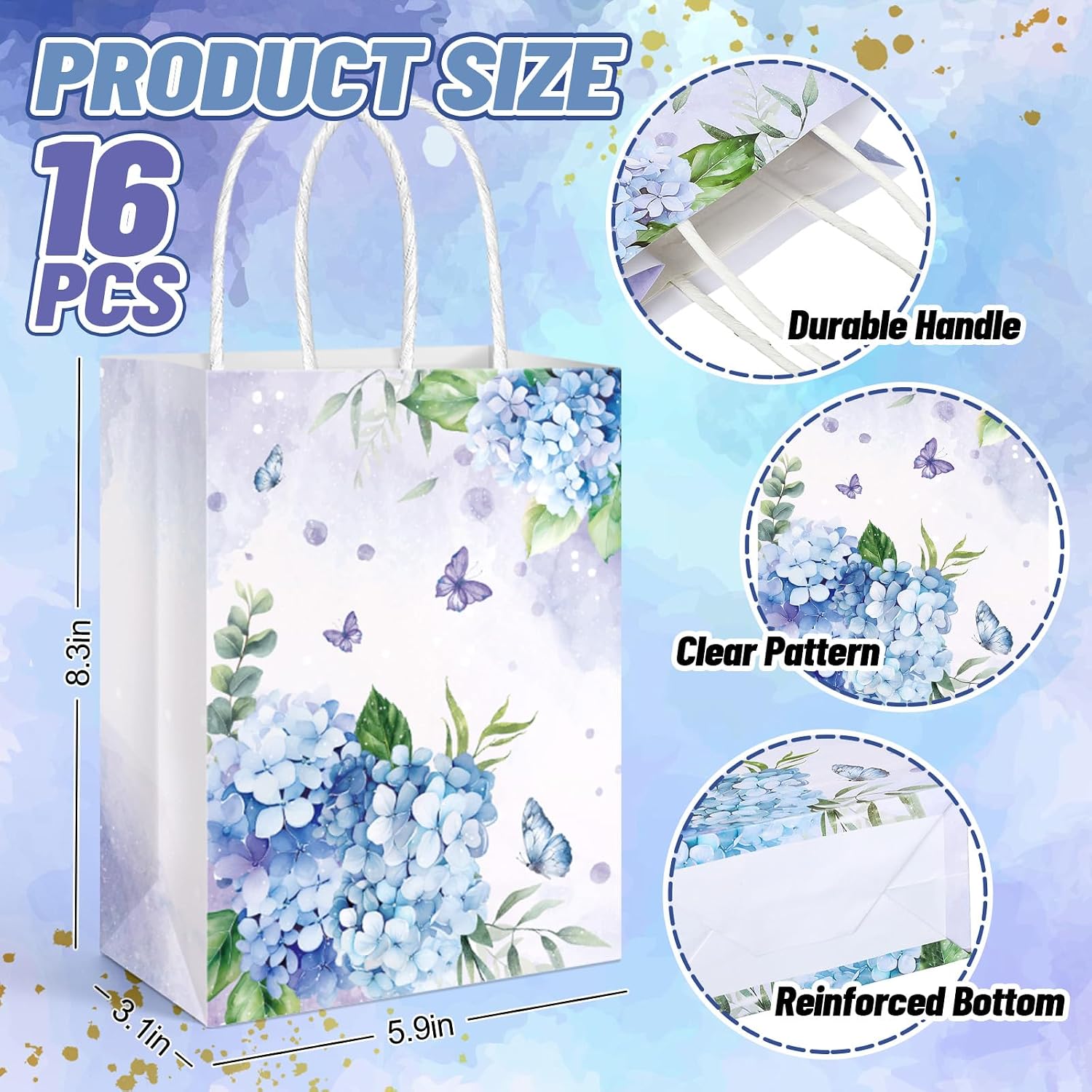 FYSUIMU 16 Pcs Spring Hydrangea Paper Gift Bags Blue Purple Floral Party Favor Bags with Handle Summer Goodie Candy Treat Bags for Wedding Birthday Baby Shower