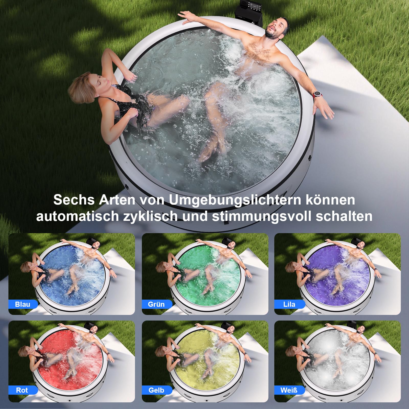 B&Y Whirlpool mit 3-stufiger Wellenfunktion und 6 Ambientebeleuchtung | Isolierte Abdeckung，Automatische Inflation & Deflation，Heizfunktion，Robuste Materialien