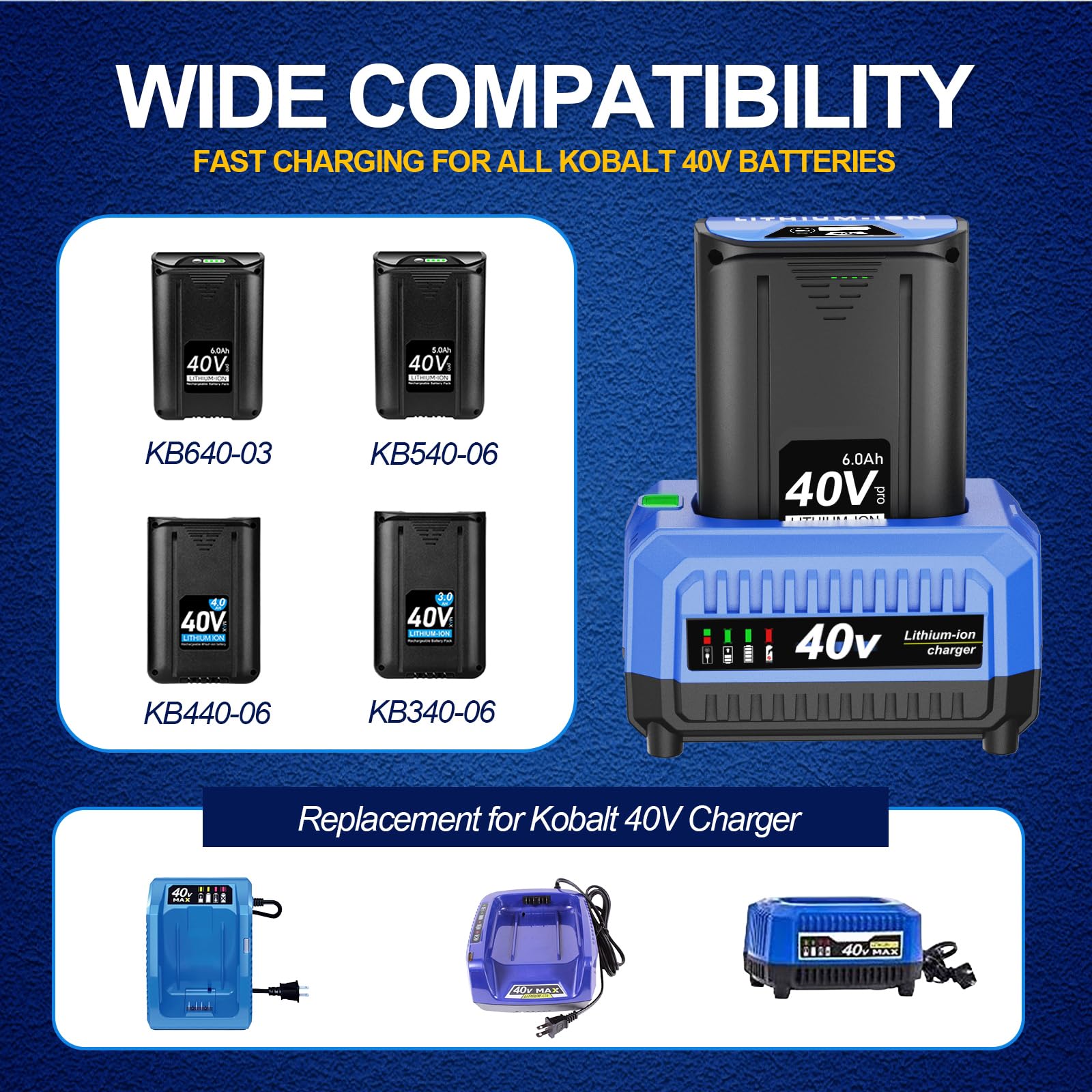 Ładowarka 40 V zamiennik ładowarki Kobalt 40 V, kompatybilna z akumulatorem litowo-jonowym Kobalt 40 V KB640-03 KB240-06 KB640-06 KB245-06 KB440-03