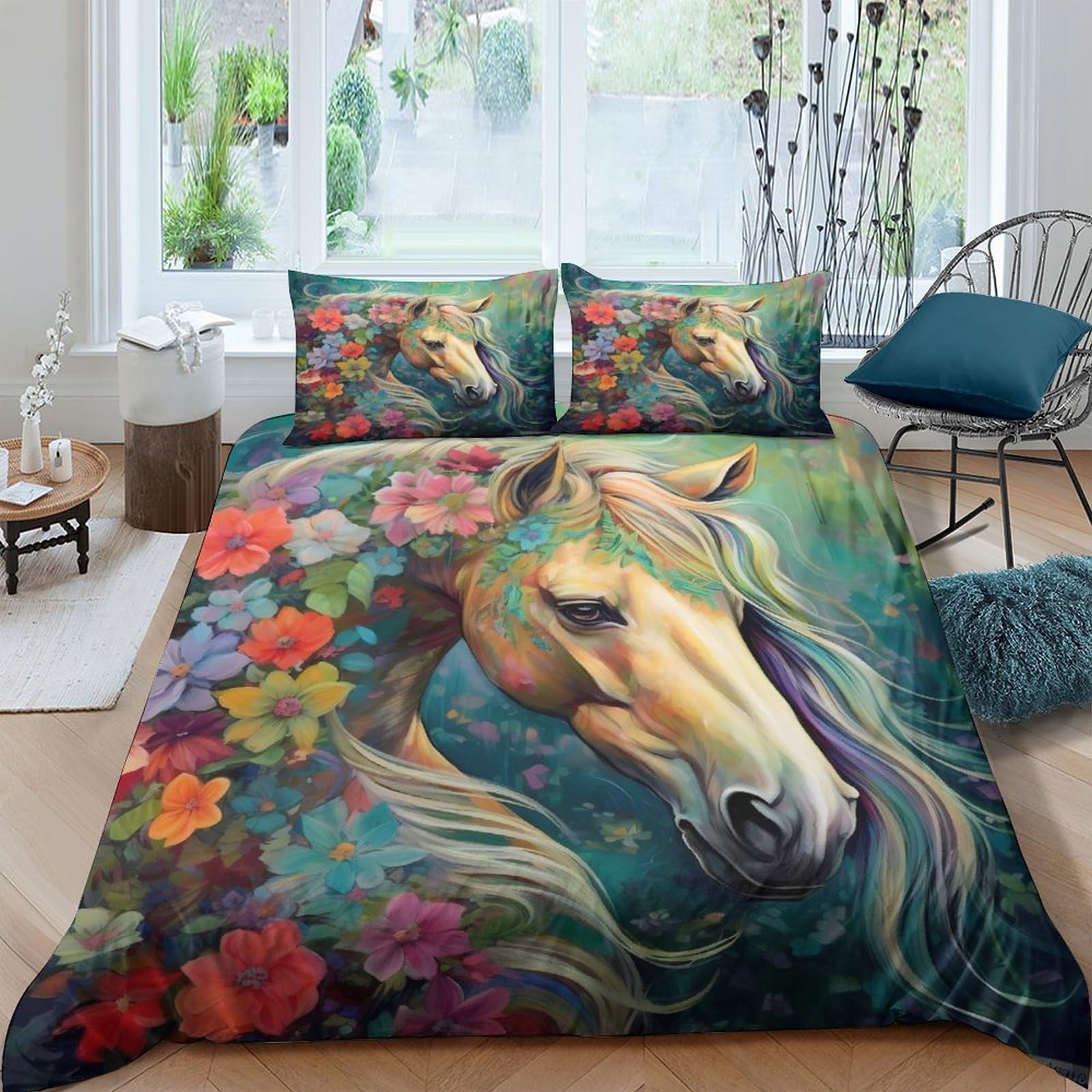 Housse de couette fleurs et chevaux 200x200 pour une chambre nature apaisante