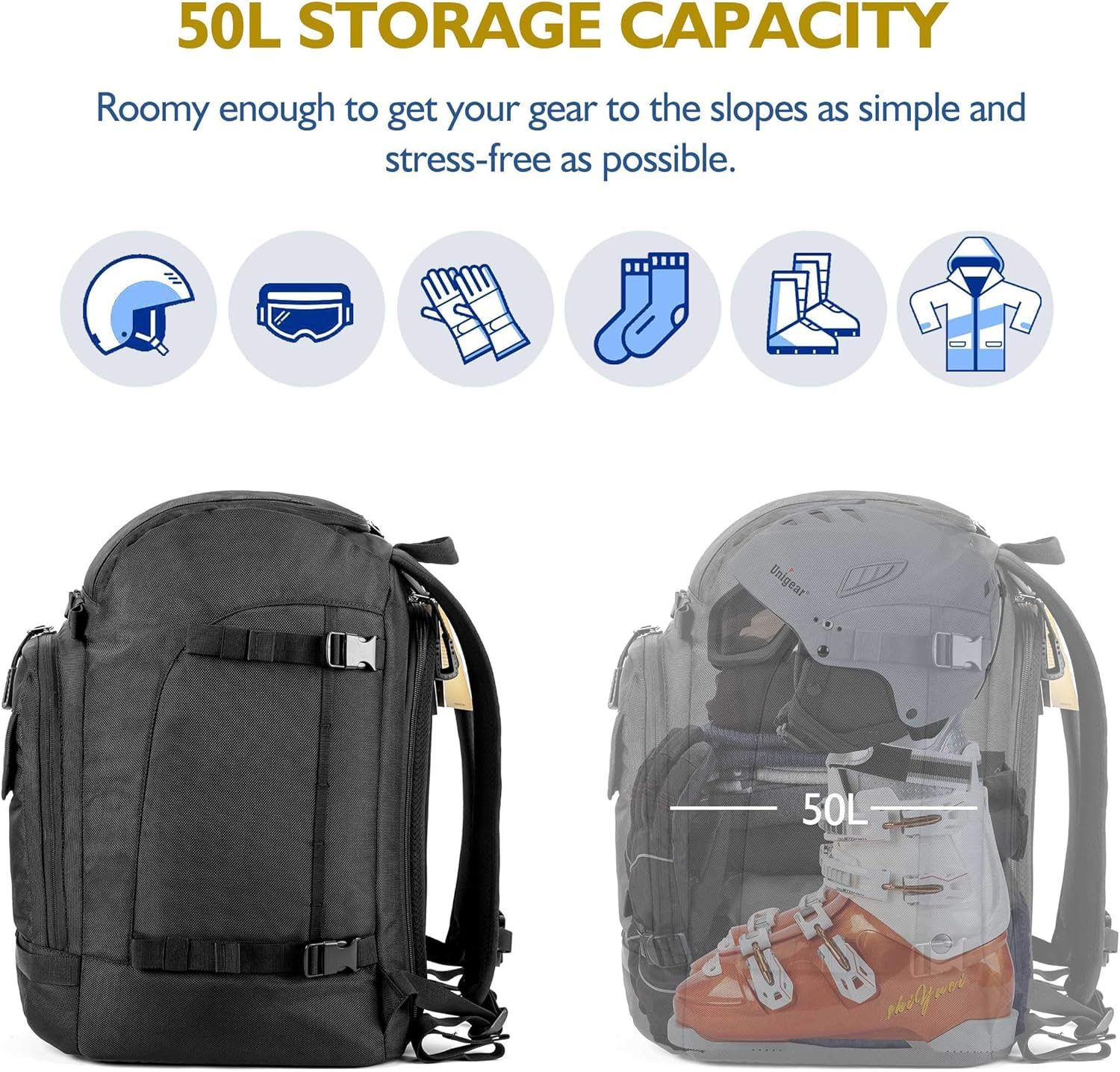 Unigear Borse per Scarponi Sci, 50L/70L Zaino per Scarponi da Sci Snowboard con Sistema Molle Negozio Attrezzatura Inclusa Scarpe, Giacca, Casco, Occhiali, Guanti, Scarponi da Neve